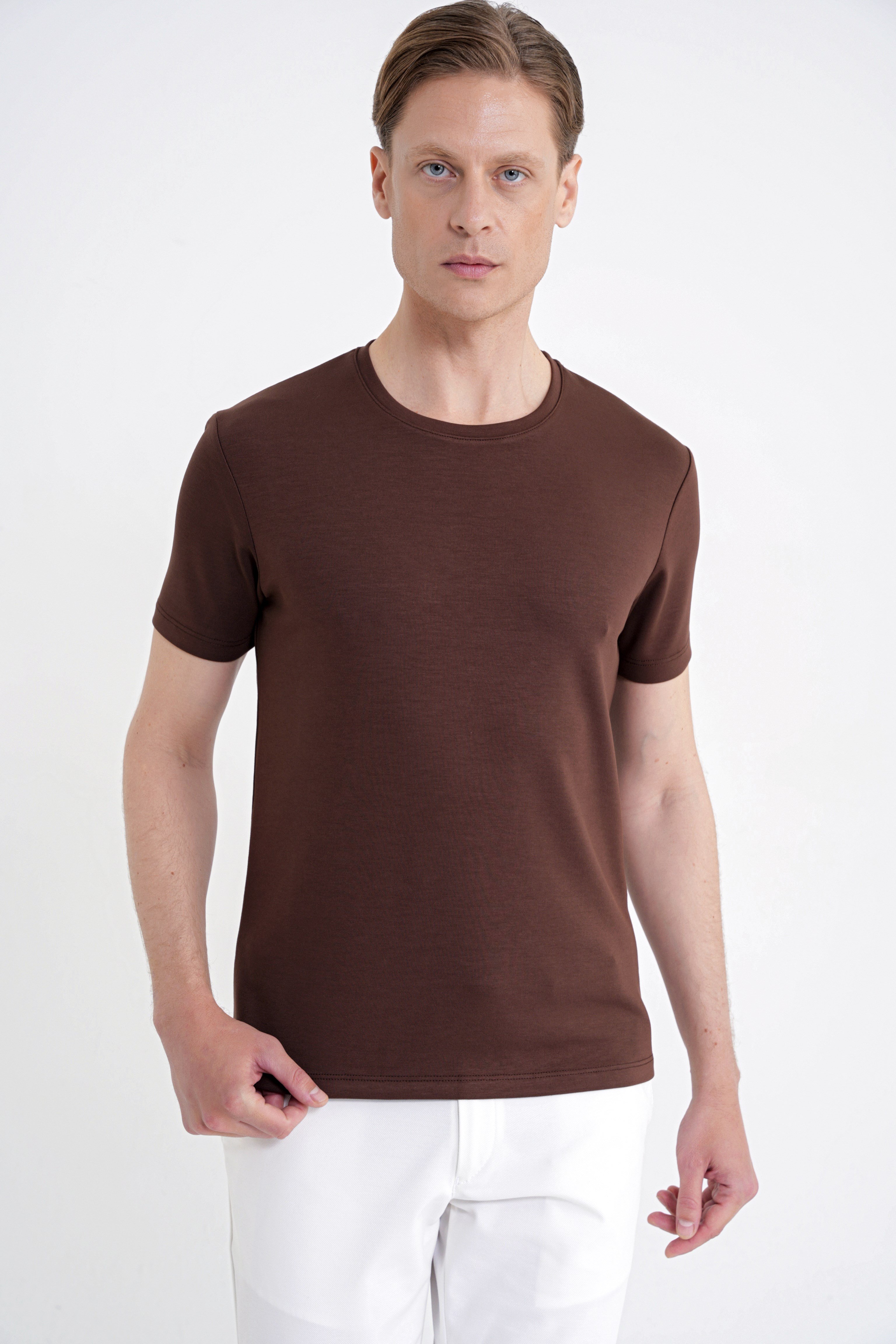 Comfort Fit Bisiklet Yaka %97 Esnek Pamuklu Kakao Tişört TS 885