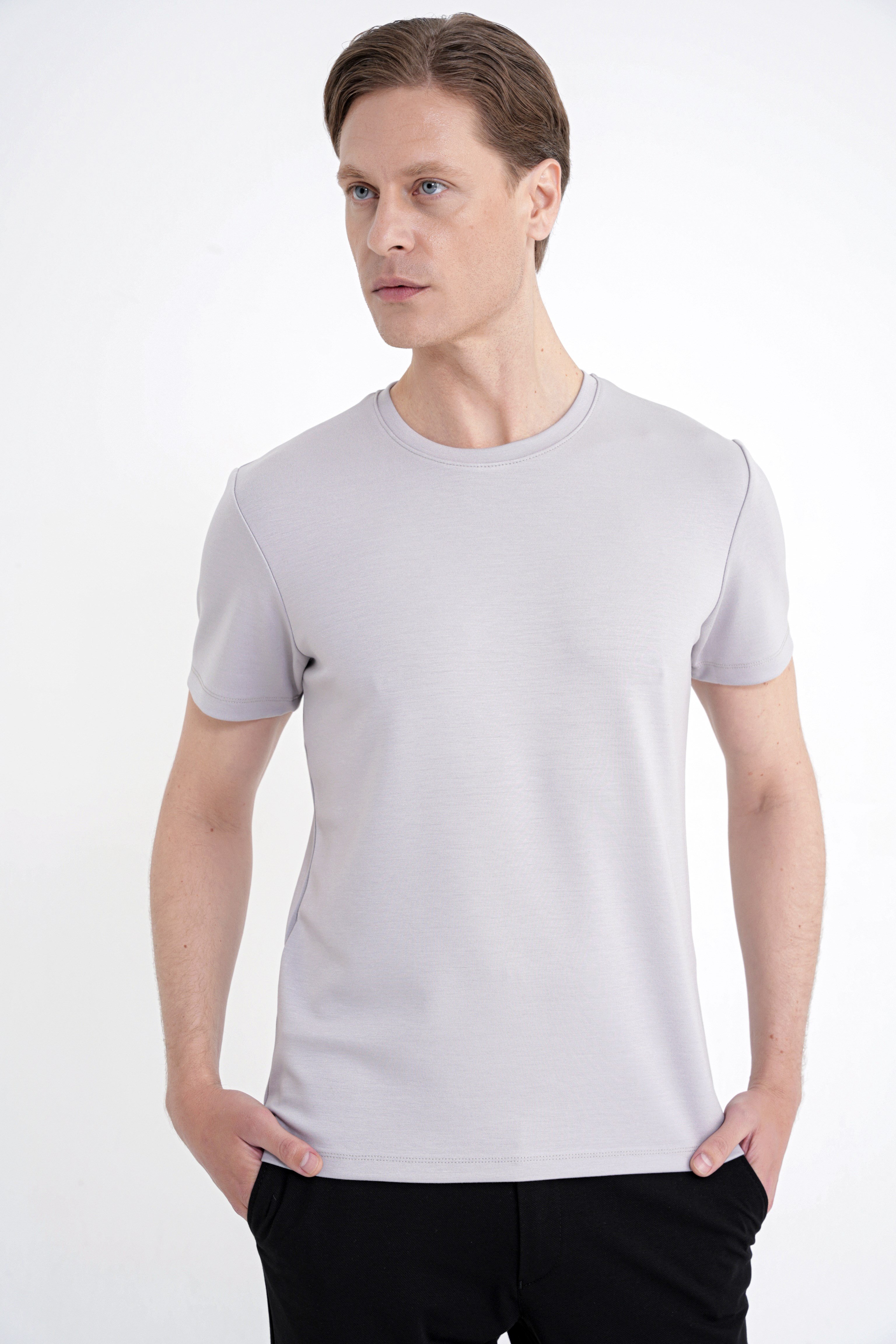 Comfort Fit Bisiklet Yaka %97 Esnek Pamuklu Gri Tişört TS 885