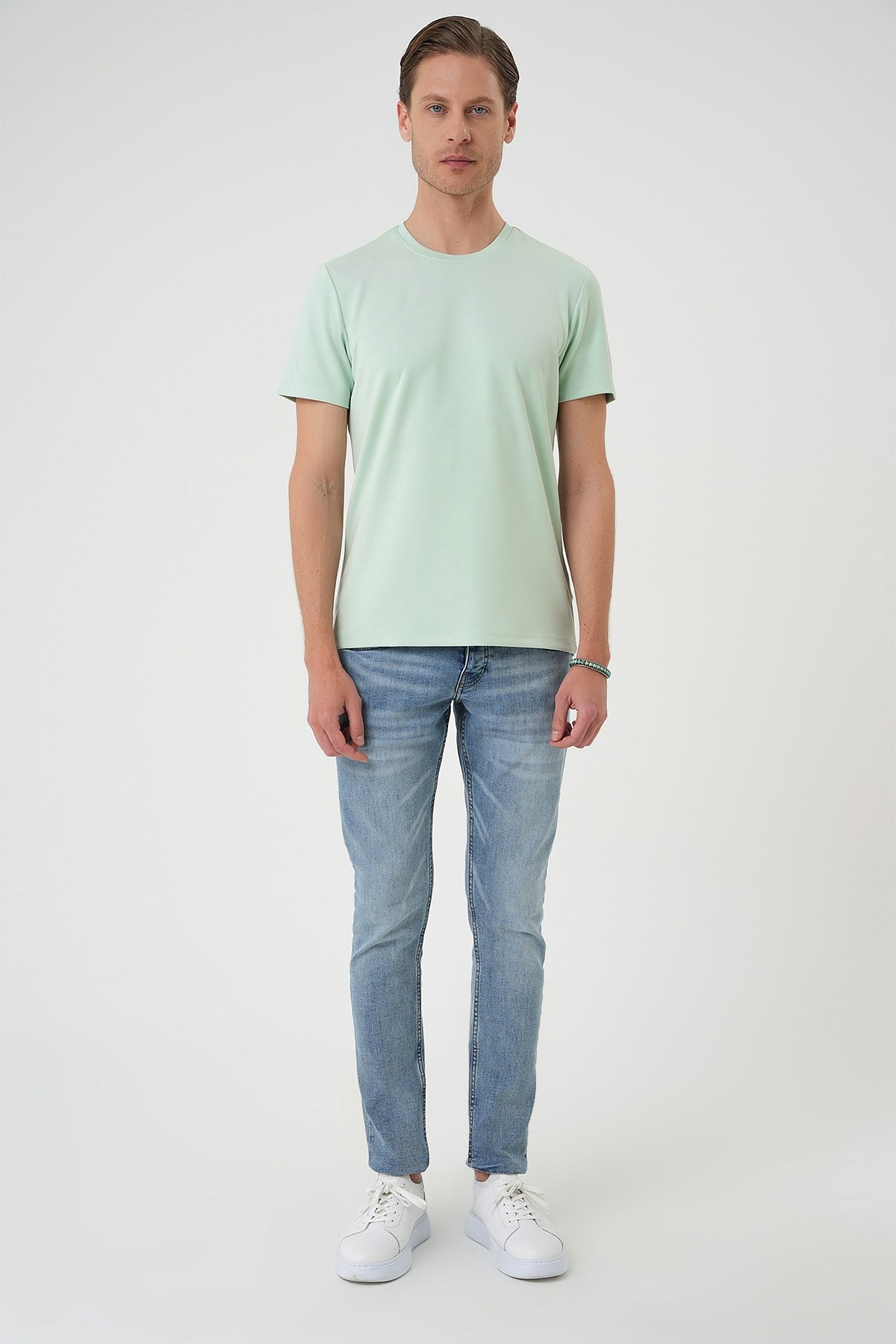 Comfort Fit Bisiklet Yaka %97 Esnek Pamuklu Mint Yeşili Tişört TS 885