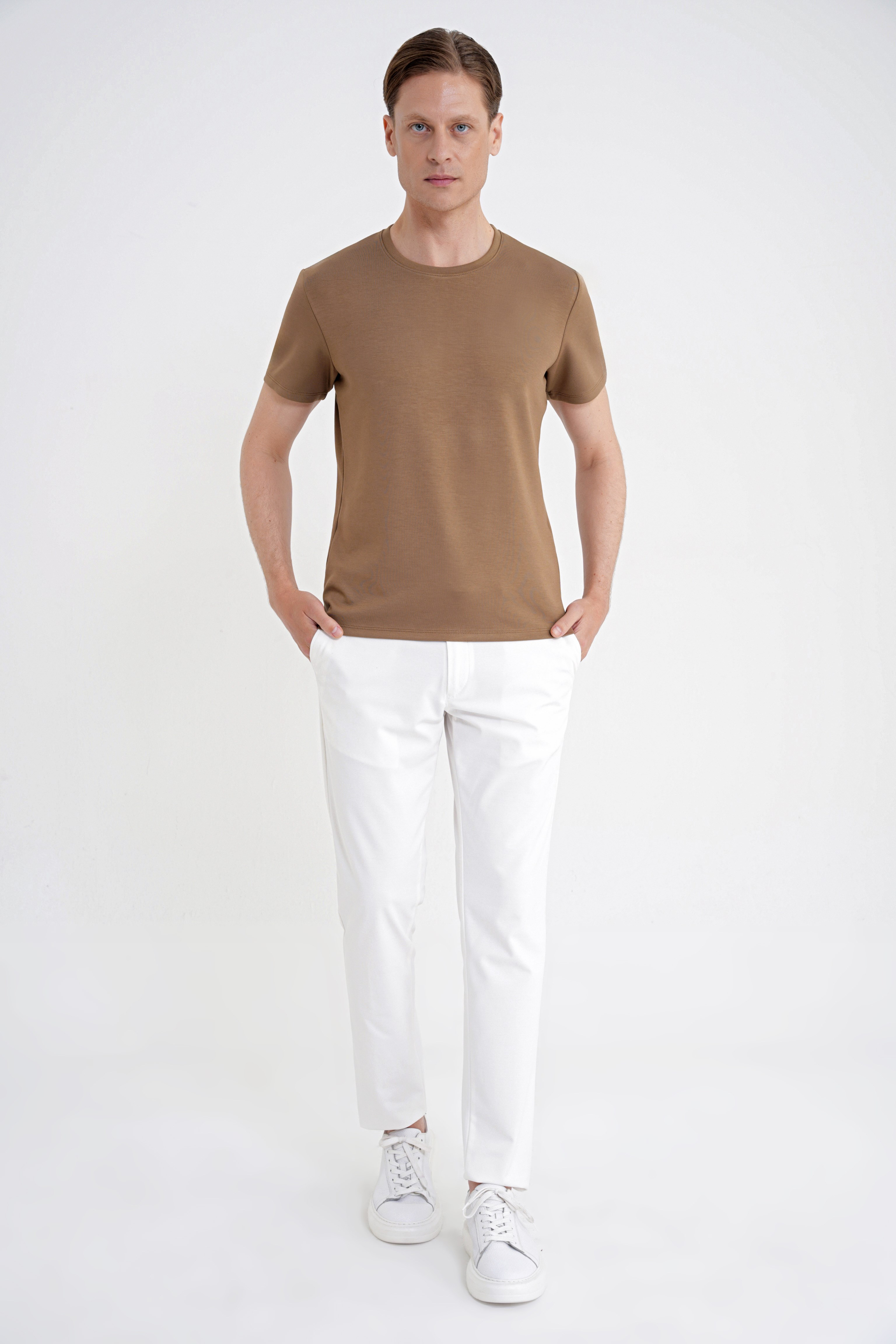 Comfort Fit Bisiklet Yaka %97 Esnek Pamuklu Vizon Tişört TS 885