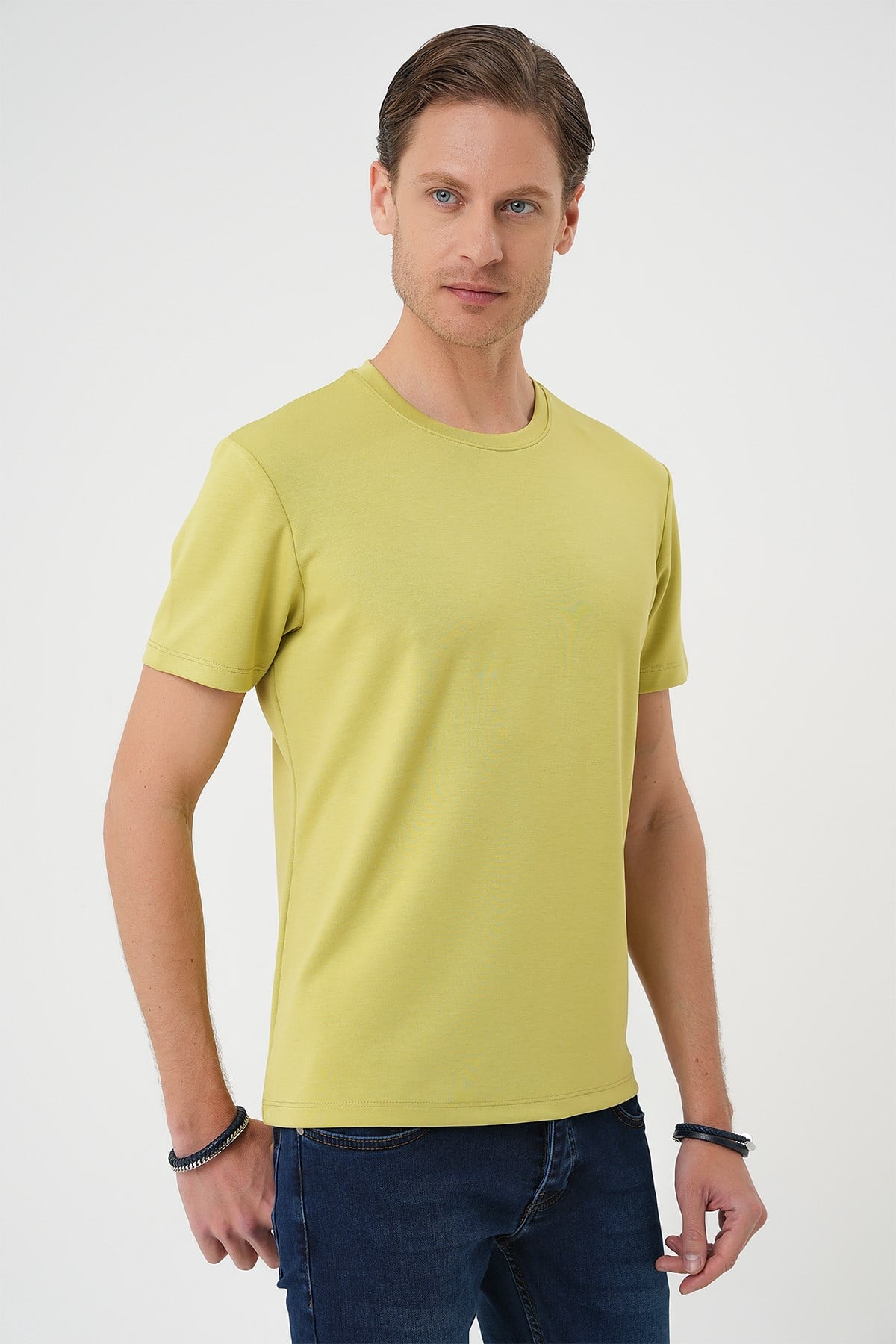 Comfort Fit Bisiklet Yaka %97 Esnek Pamuklu Limon Tişört TS 885