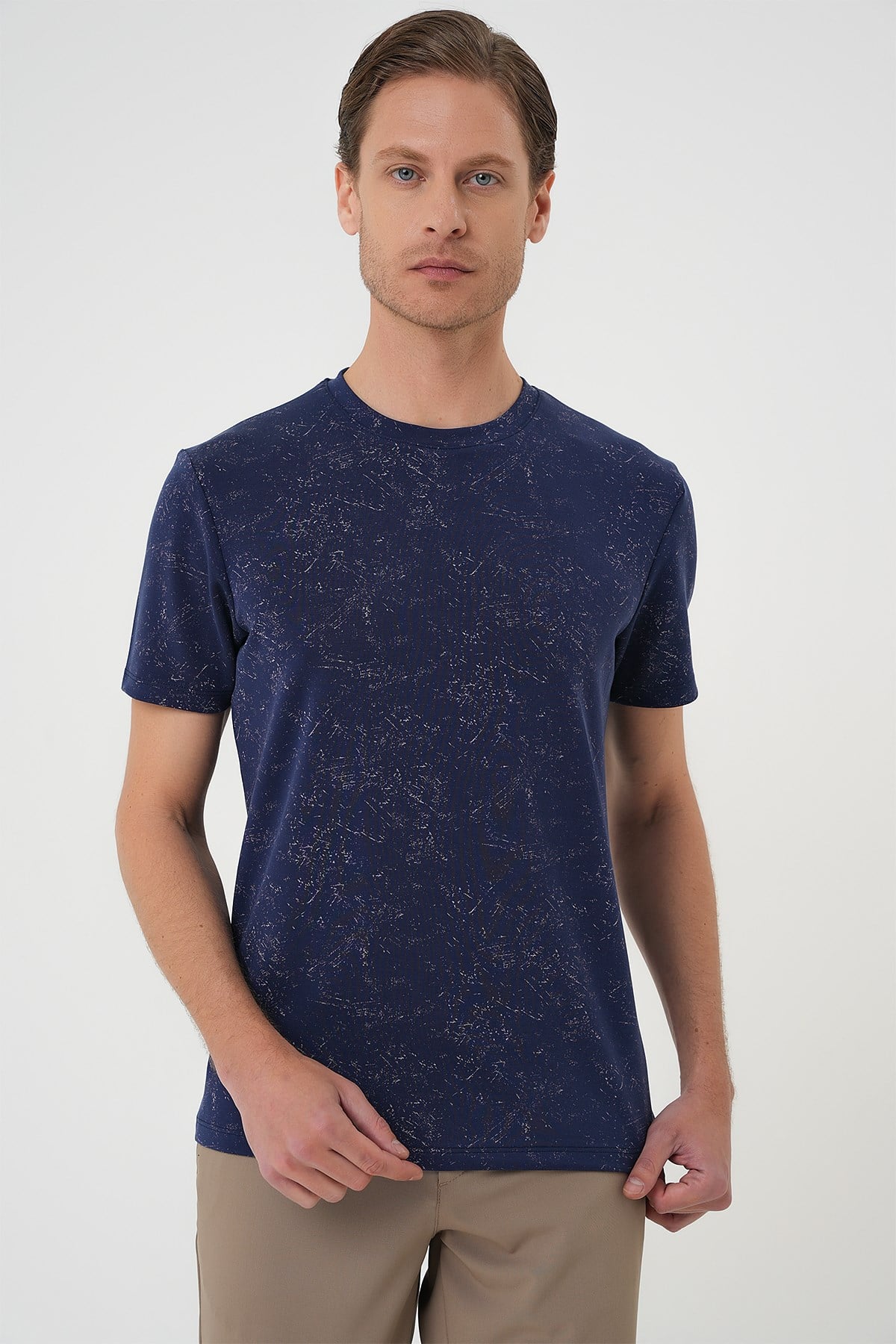 Comfort Fit Bisiklet Yaka Batik Görünümlü Esnek Pamuk Lacivert Tişört TS 905