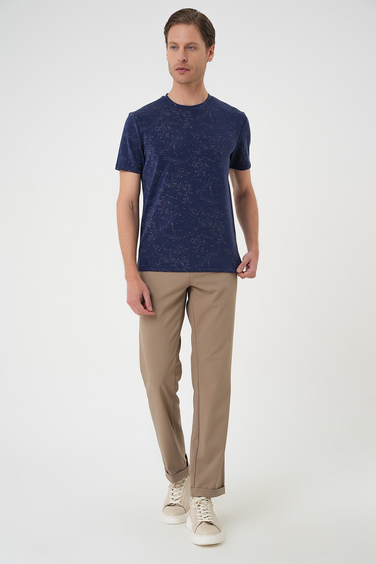 Comfort Fit Bisiklet Yaka Batik Görünümlü Esnek Pamuk Lacivert Tişört TS 905