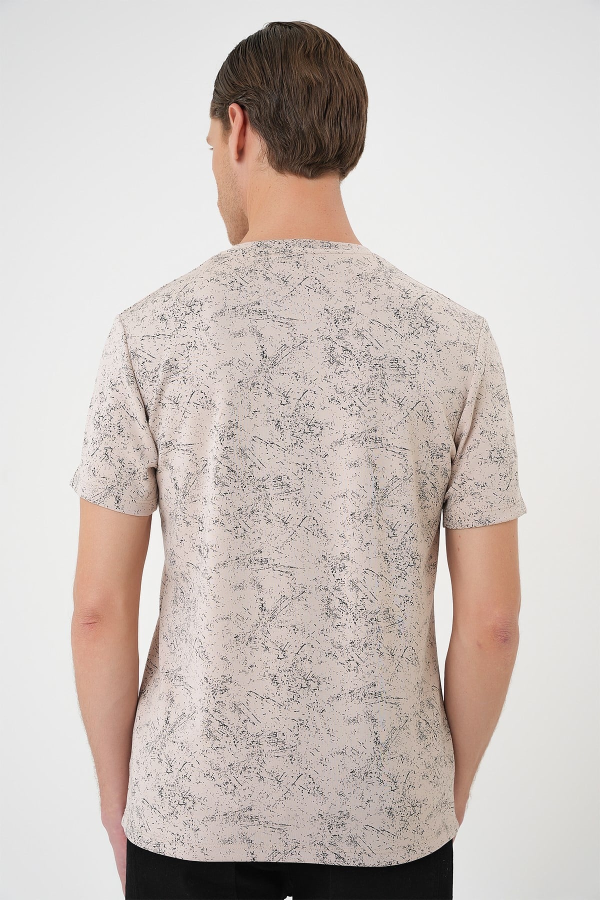 Comfort Fit Bisiklet Yaka Batik Görünümlü Esnek Pamuk Bej Tişört TS 905