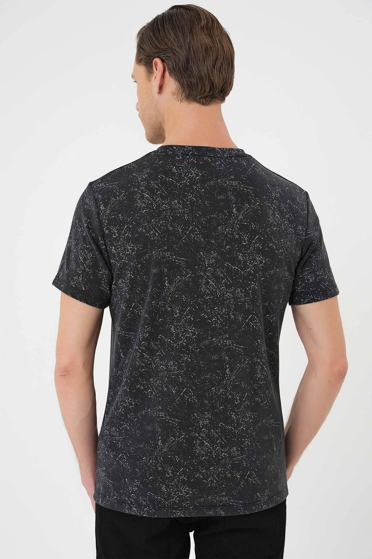 Comfort Fit Bisiklet Yaka Batik Görünümlü Esnek Pamuk Siyah Tişört TS 905