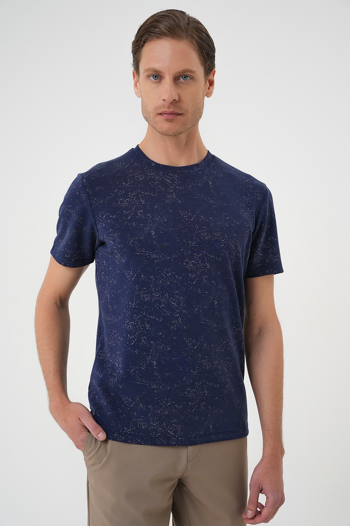 Comfort Fit Bisiklet Yaka Batik Görünümlü Esnek Pamuk Lacivert Tişört TS 905