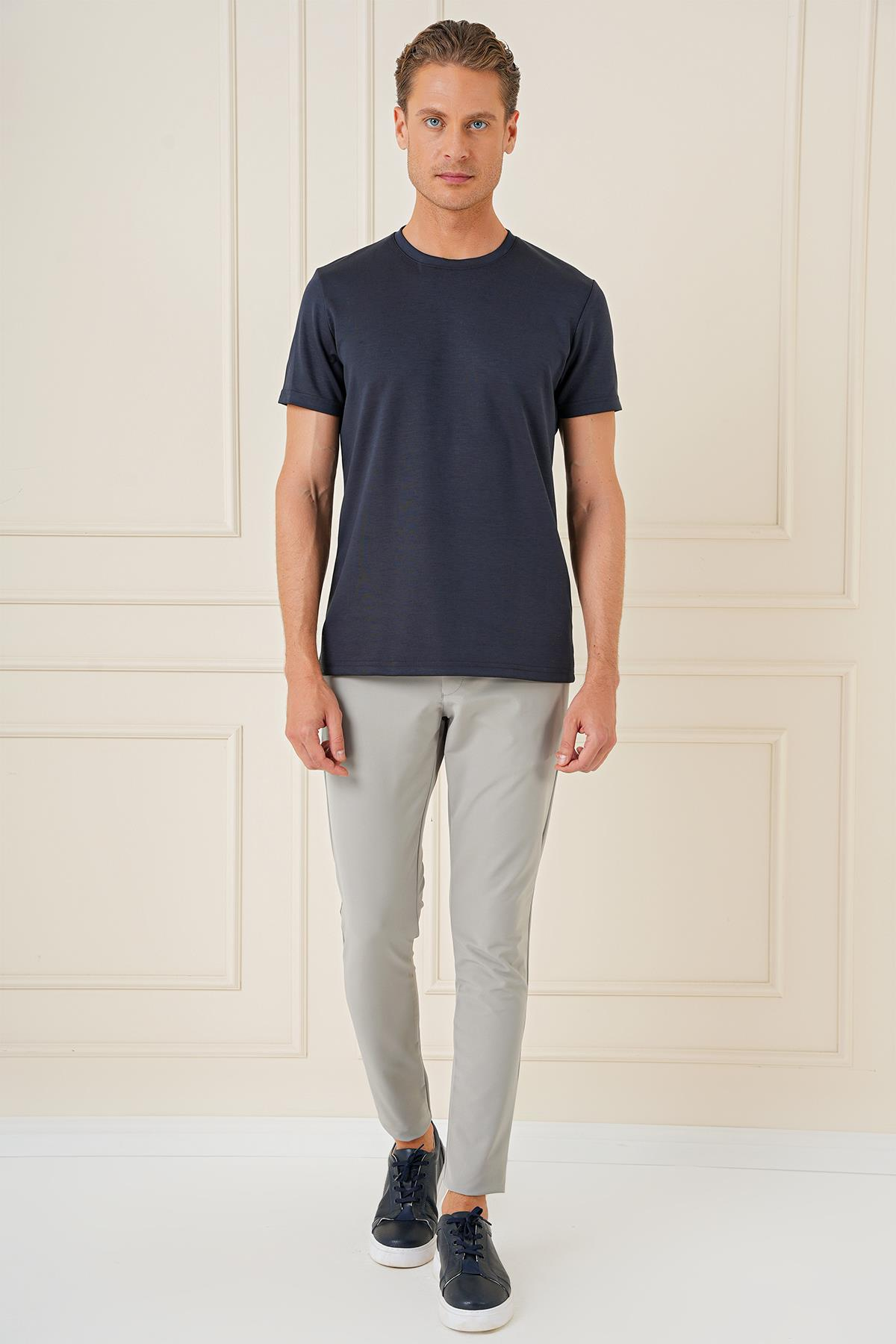 Comfort Fit Bisiklet Yaka Esnek Pamuk Casual Lacivert Tişört Ts 885