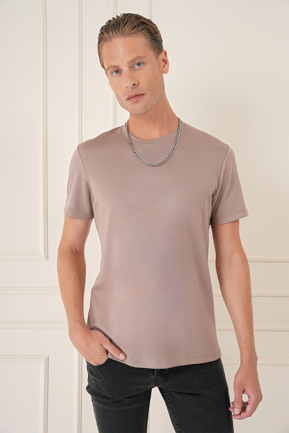 Comfort Fit Bisiklet Yaka Esnek Pamuk Casual Koyu Bej Tişört Ts 885