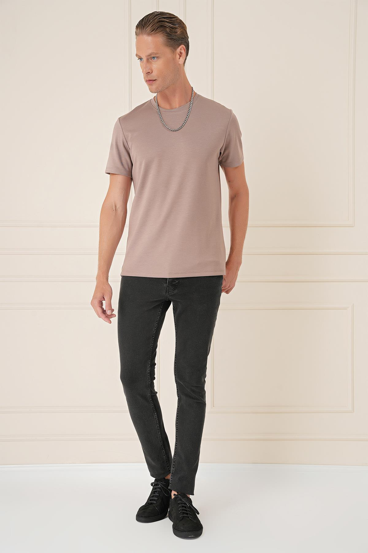 Comfort Fit Bisiklet Yaka Esnek Pamuk Casual Koyu Bej Tişört Ts 885