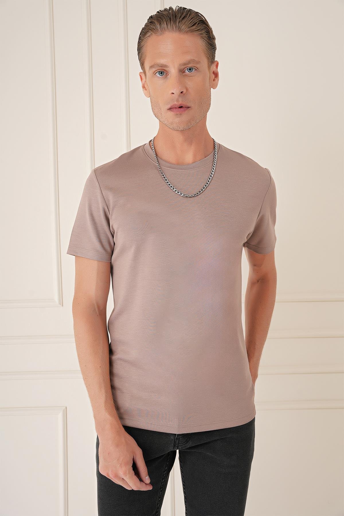 Comfort Fit Bisiklet Yaka Esnek Pamuk Casual Koyu Bej Tişört Ts 885