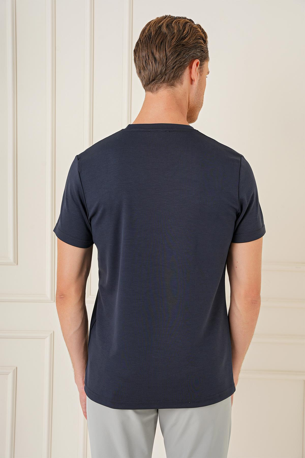 Comfort Fit Bisiklet Yaka Esnek Pamuk Casual Lacivert Tişört Ts 885