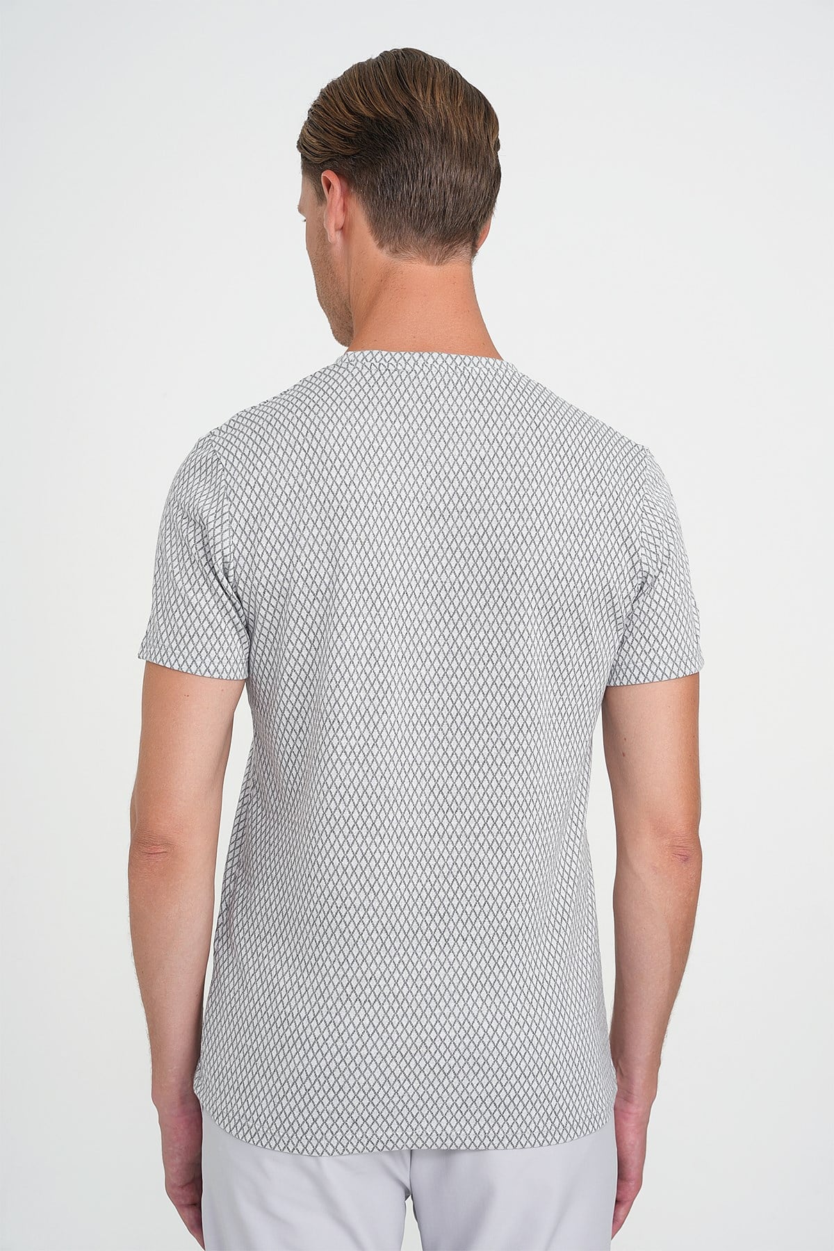 Comfort Fit Bisiklet Yaka Esnek Pamuklu Baklava Desen Gri Tişört TS 908