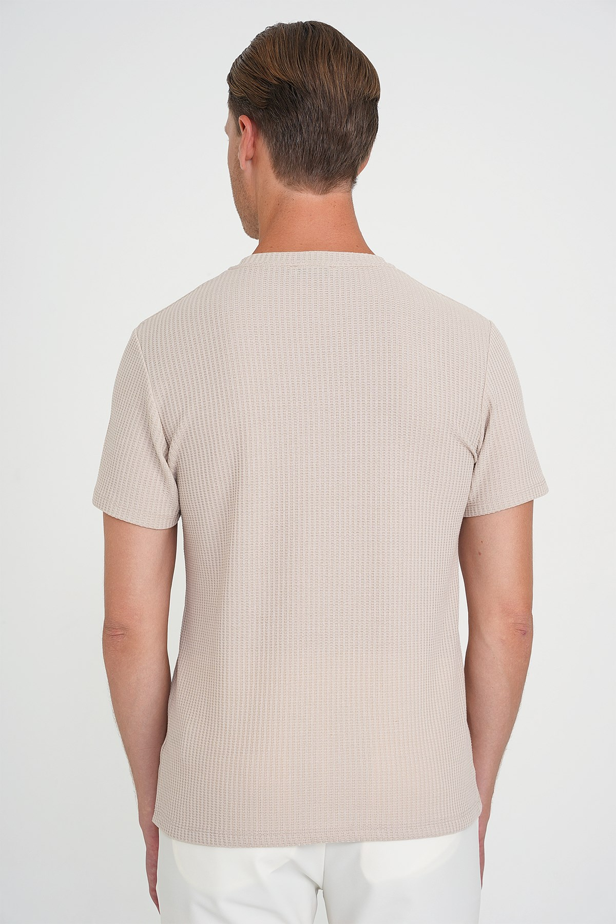 Comfort Fit Bisiklet Yaka Fitilli Esnek Pamuklu Bej Tişört TS 912