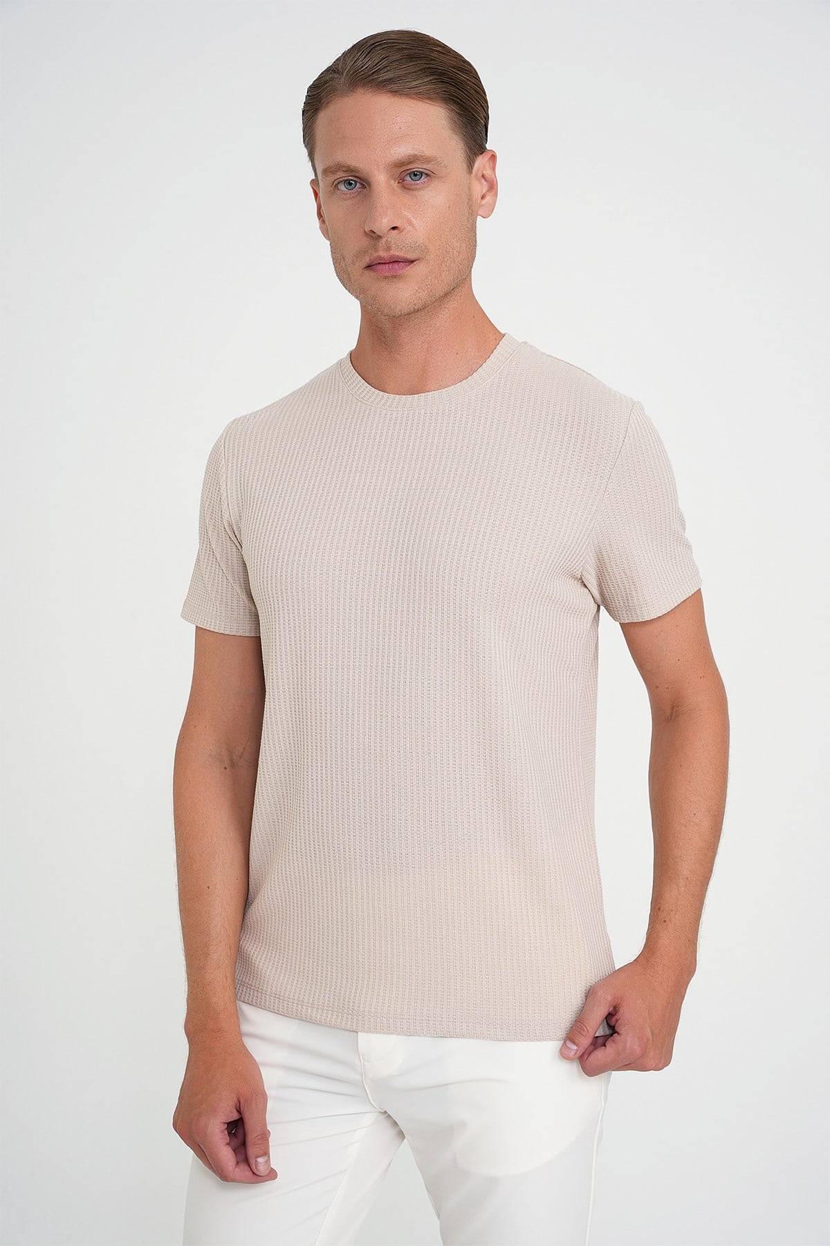 Comfort Fit Bisiklet Yaka Fitilli Esnek Pamuklu Bej Tişört TS 912