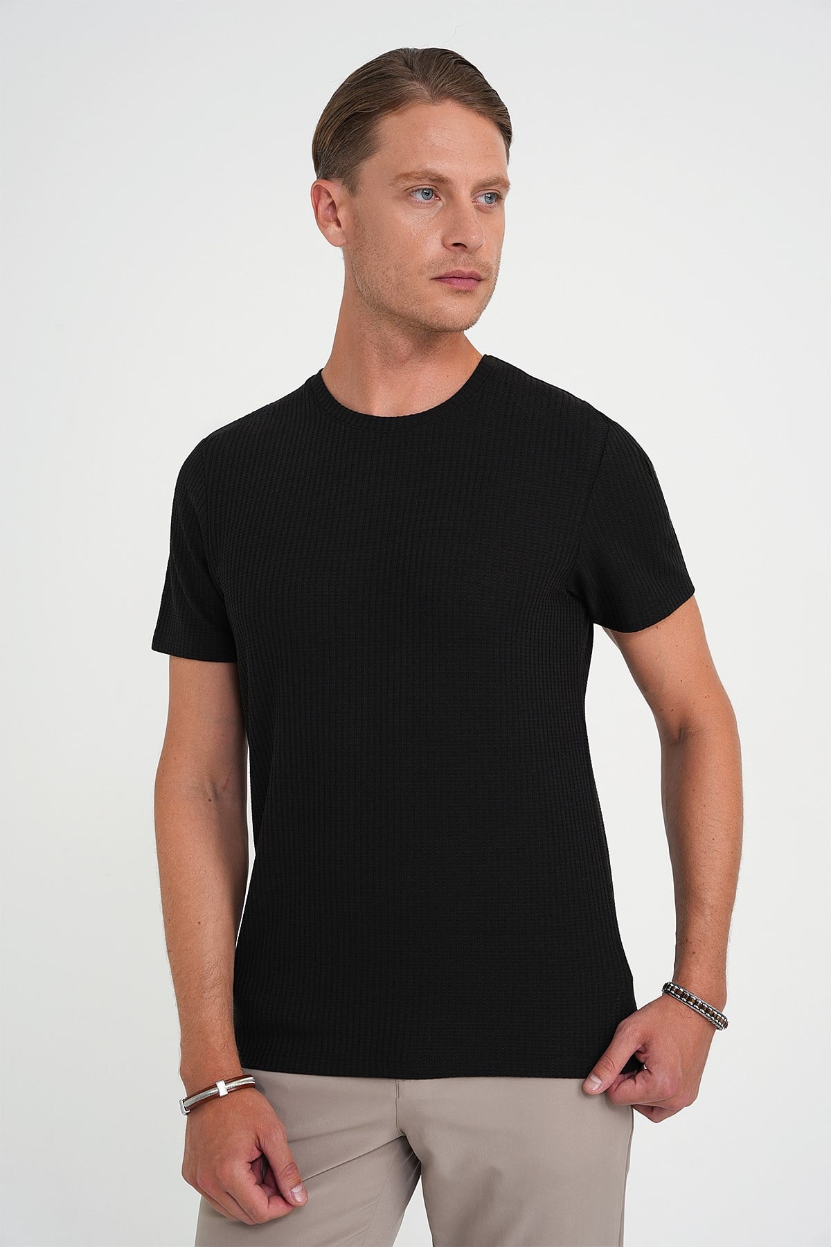 Comfort Fit Bisiklet Yaka Fitilli Esnek Pamuklu Siyah Tişört TS 912
