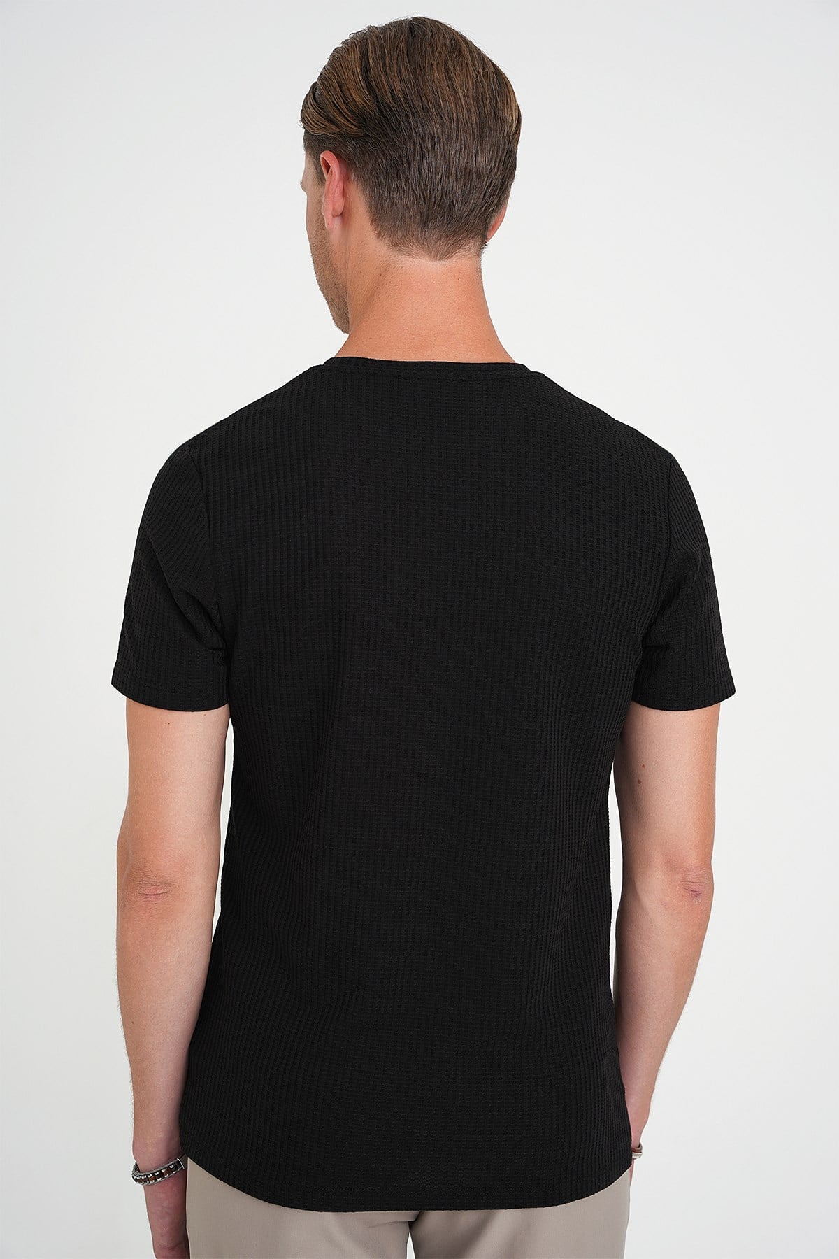 Comfort Fit Bisiklet Yaka Fitilli Esnek Pamuklu Siyah Tişört TS 912