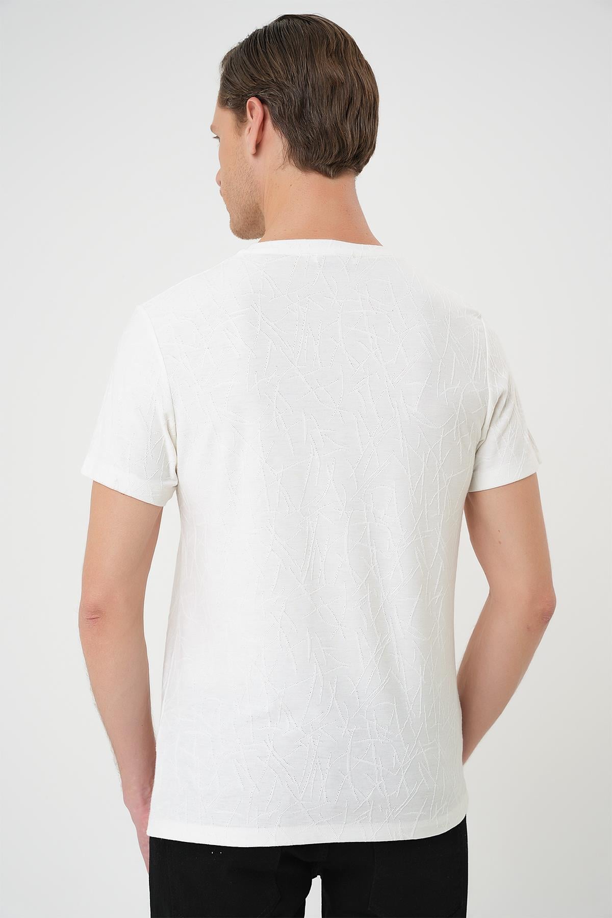 Comfort Fit Bisiklet Yaka Kabartma Desenli Casual Ekru Tişört Ts 899