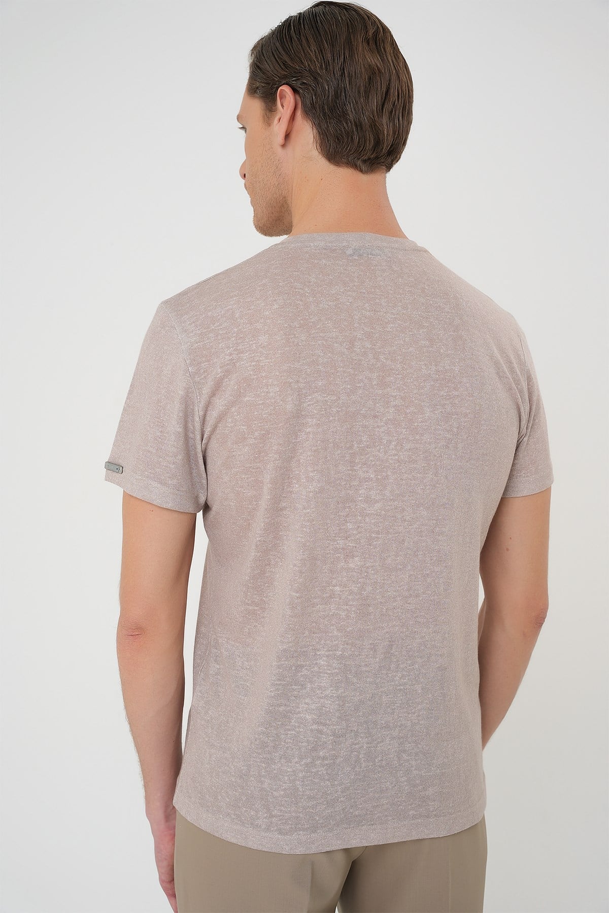 Comfort Fit Bisiklet Yaka Keten Karışımlı Kum Beji Tişört TS 902