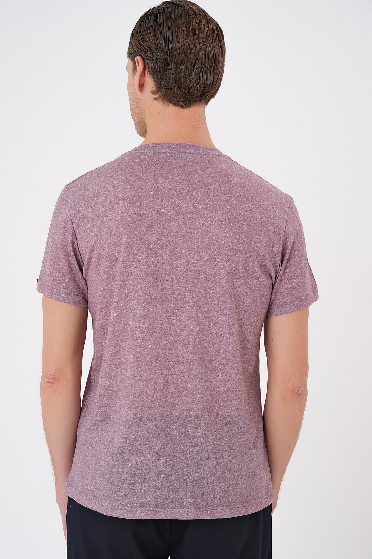 Comfort Fit Bisiklet Yaka Keten Karışımlı Gül Kurusu Tişört TS 902