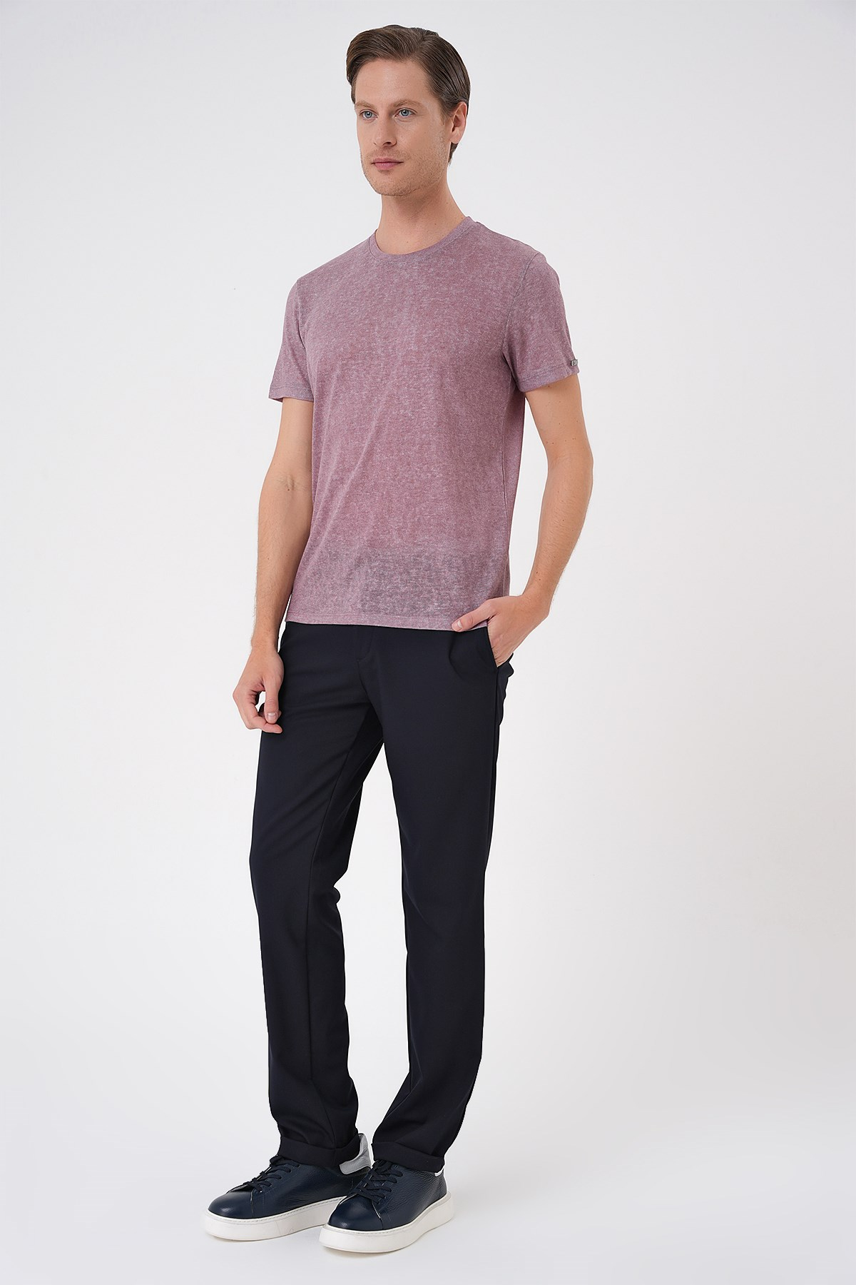 Comfort Fit Bisiklet Yaka Keten Karışımlı Gül Kurusu Tişört TS 902