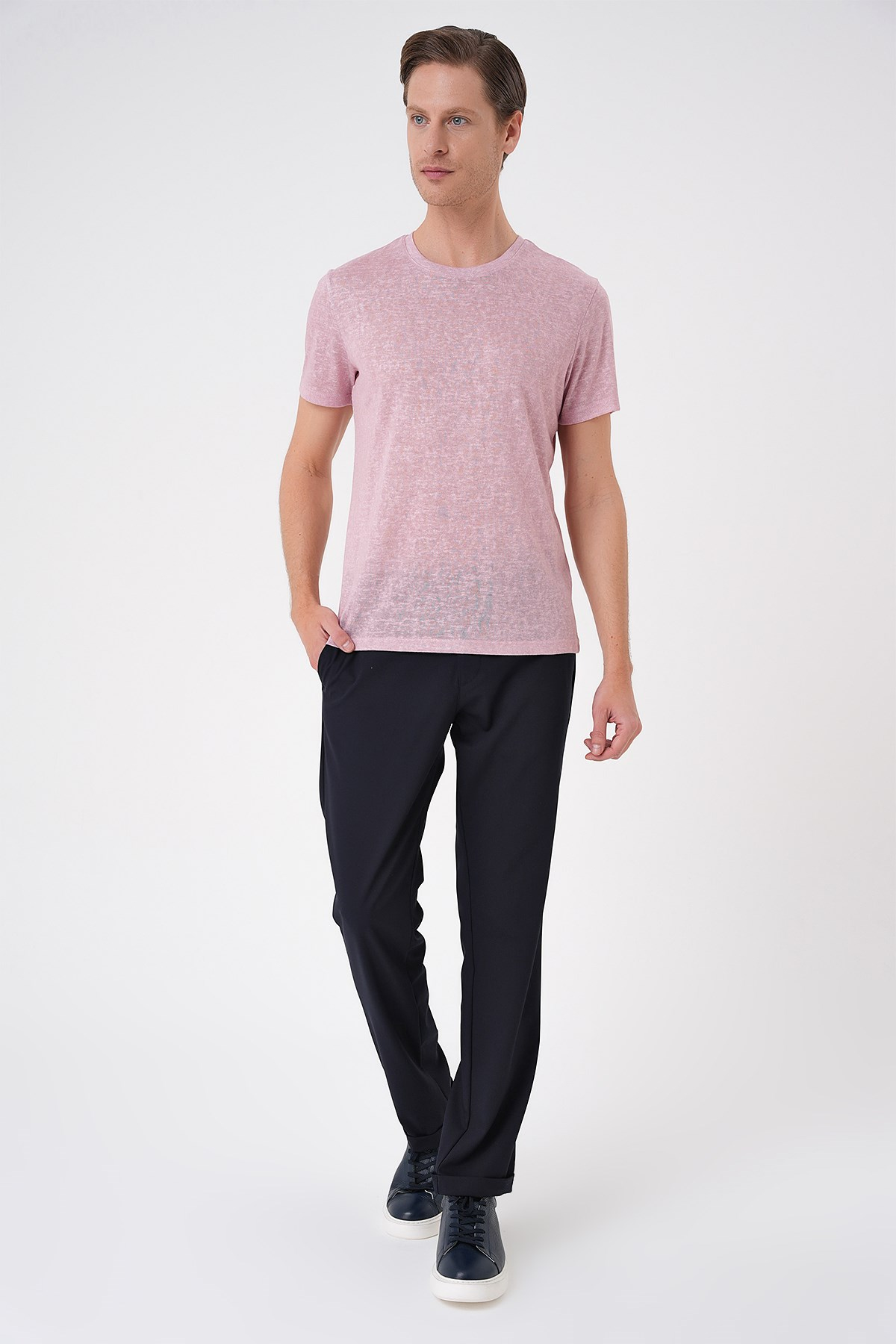 Comfort Fit Bisiklet Yaka Keten Karışımlı Açık Pembe Tişört TS 902