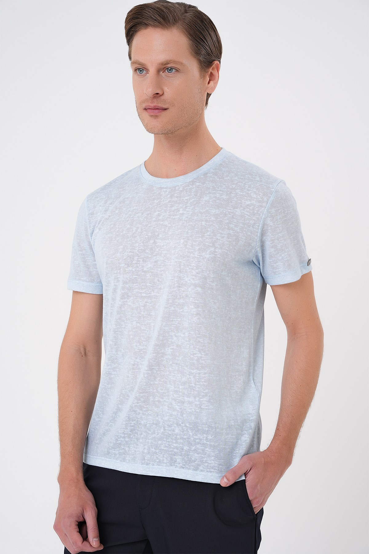 Comfort Fit Bisiklet Yaka Keten Karışımlı Mavi Tişört TS 902
