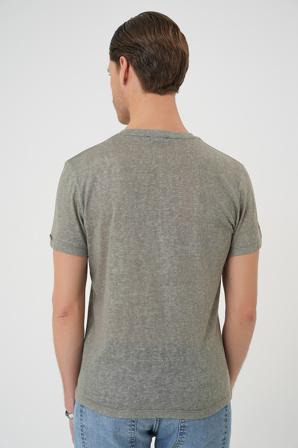 Comfort Fit Bisiklet Yaka Keten Karışımlı Açık Yeşil Tişört TS 902