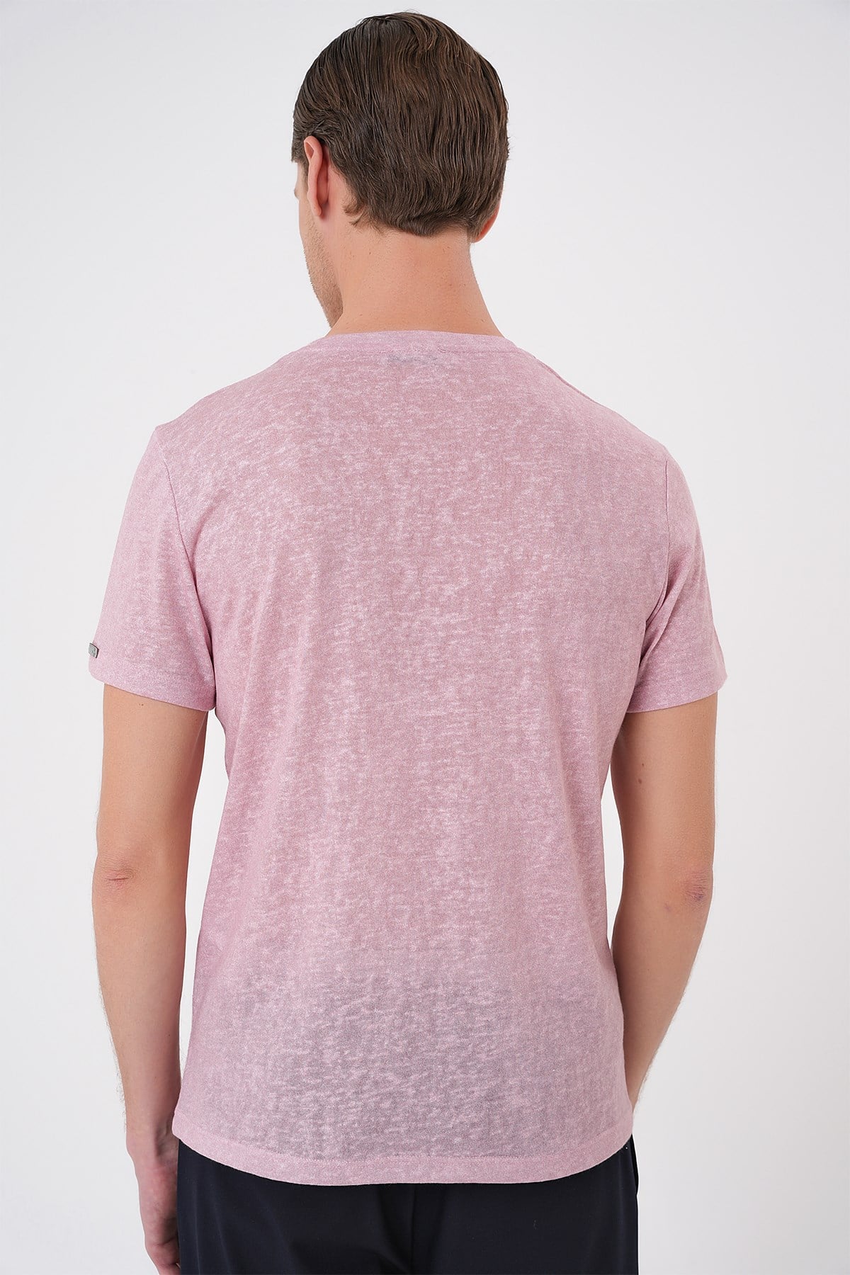 Comfort Fit Bisiklet Yaka Keten Karışımlı Açık Pembe Tişört TS 902