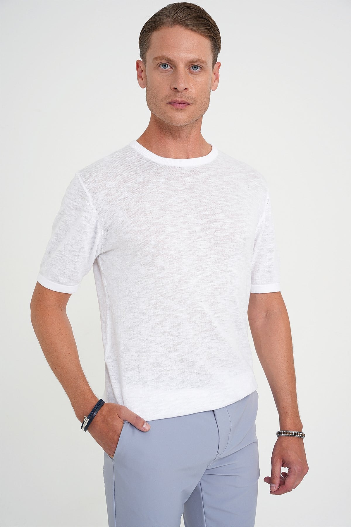 Comfort Fit Bisiklet Yaka Kısa Kol Spor Beyaz Triko Tr 881