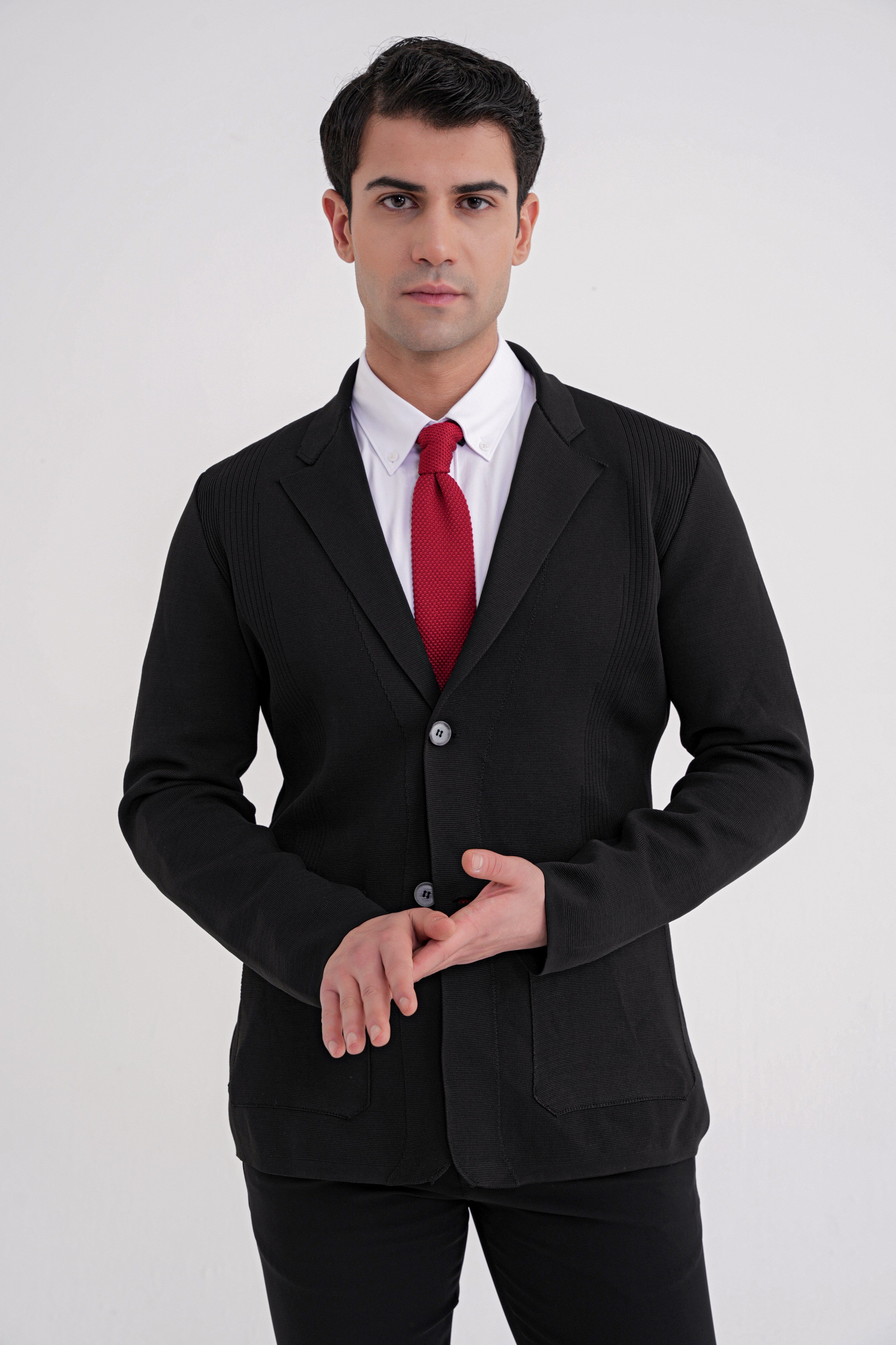 Comfort Fit Ceket Yaka Torba Cep Düğmeli Siyah Yünlü Triko Ceket 04