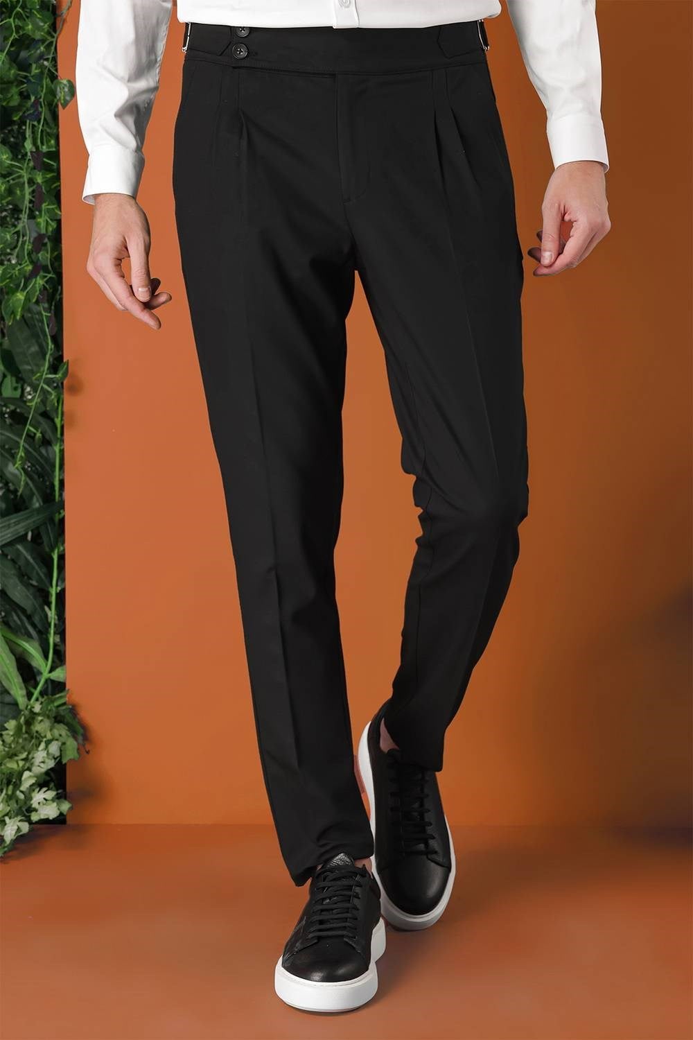 Comfort Fit Çift Pile Yandan Tokalı Yüksek Bel Casual Siyah Pantolon P 1153