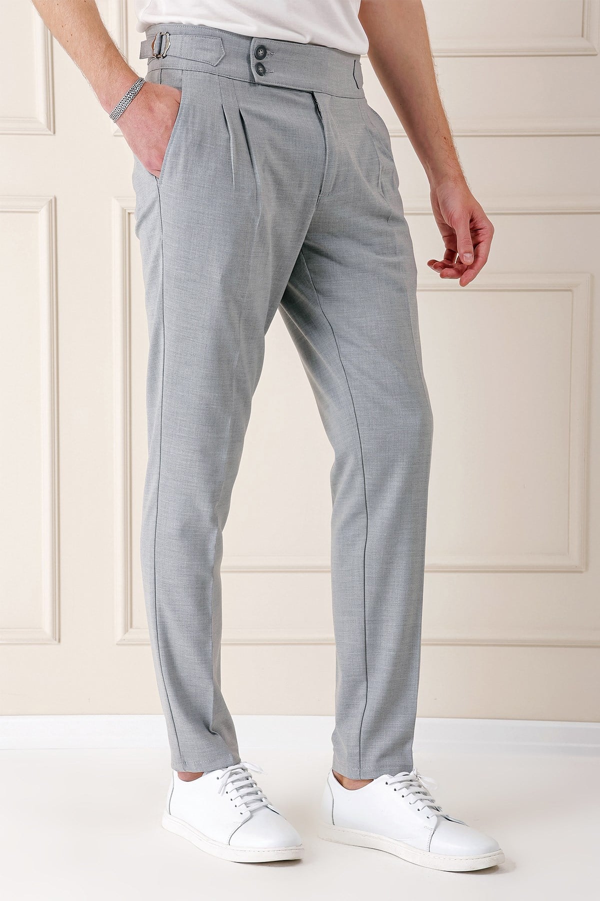 Comfort Fit Çift Pile Yandan Tokalı Yüksek Bel Casual Gri Pantolon P 1153