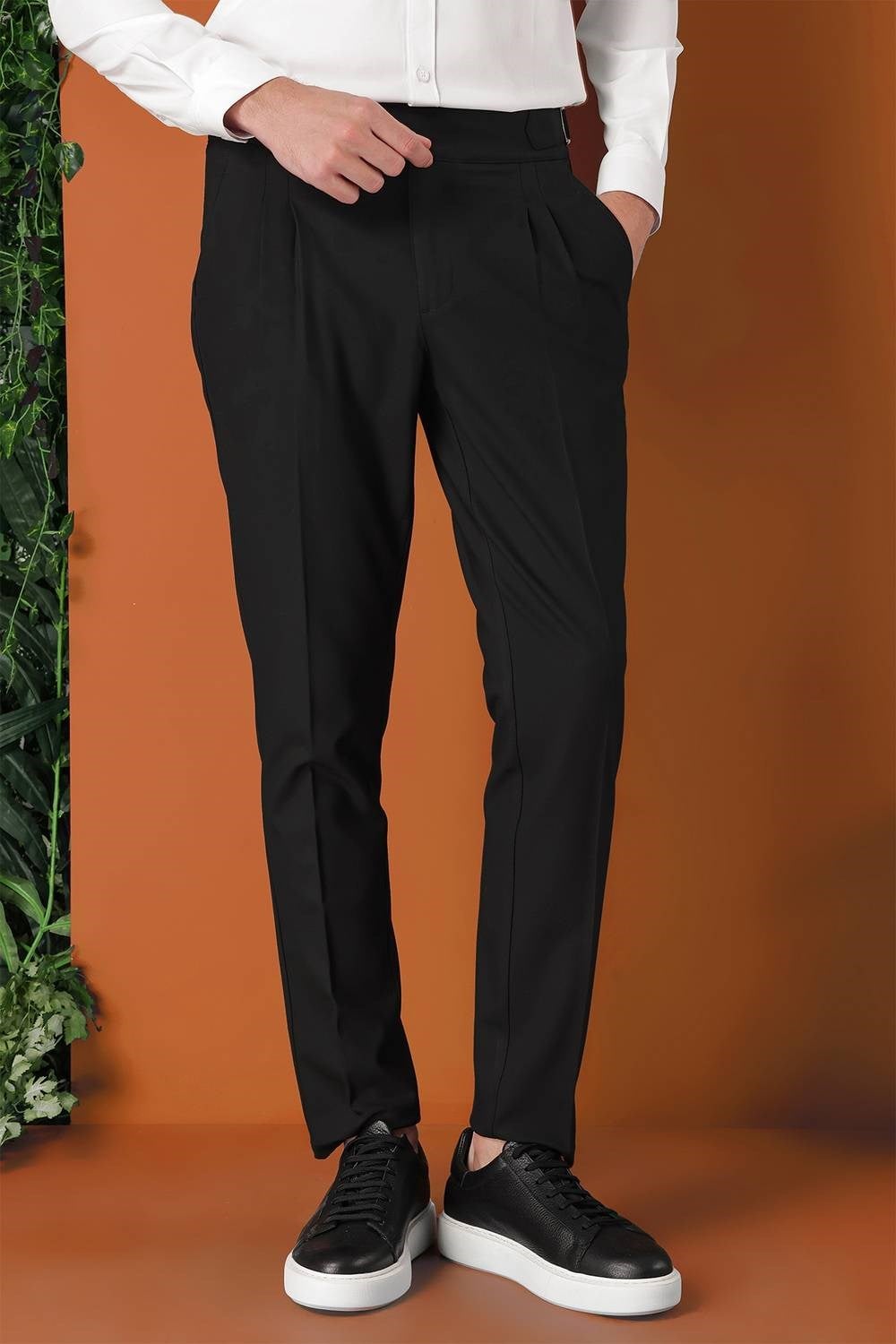 Comfort Fit Çift Pile Yandan Tokalı Yüksek Bel Casual Siyah Pantolon P 1153