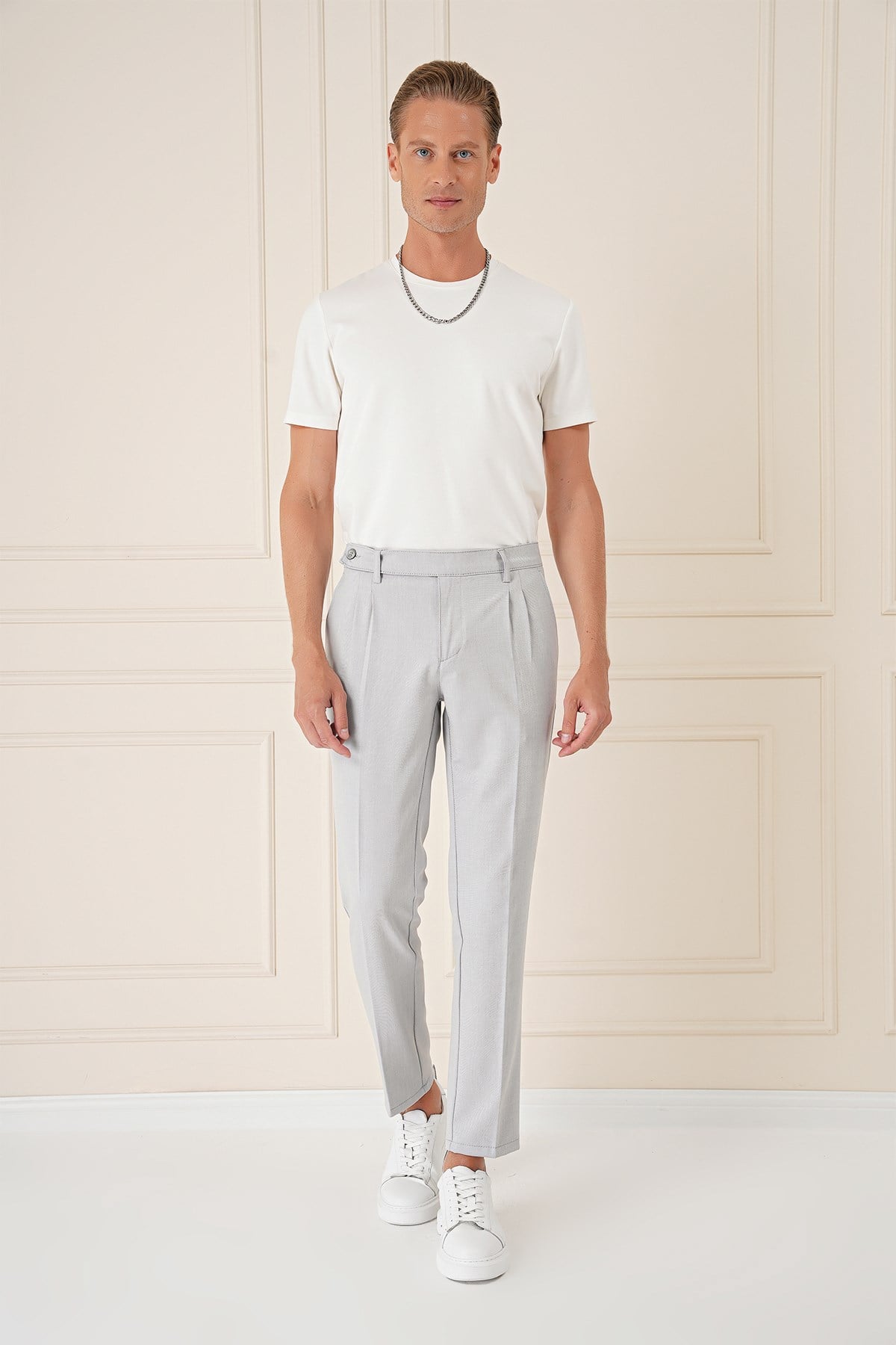 Comfort Fit Çift Pileli Dokulu Esnek Pamuklu Gri Mavi Pantolon P 1158