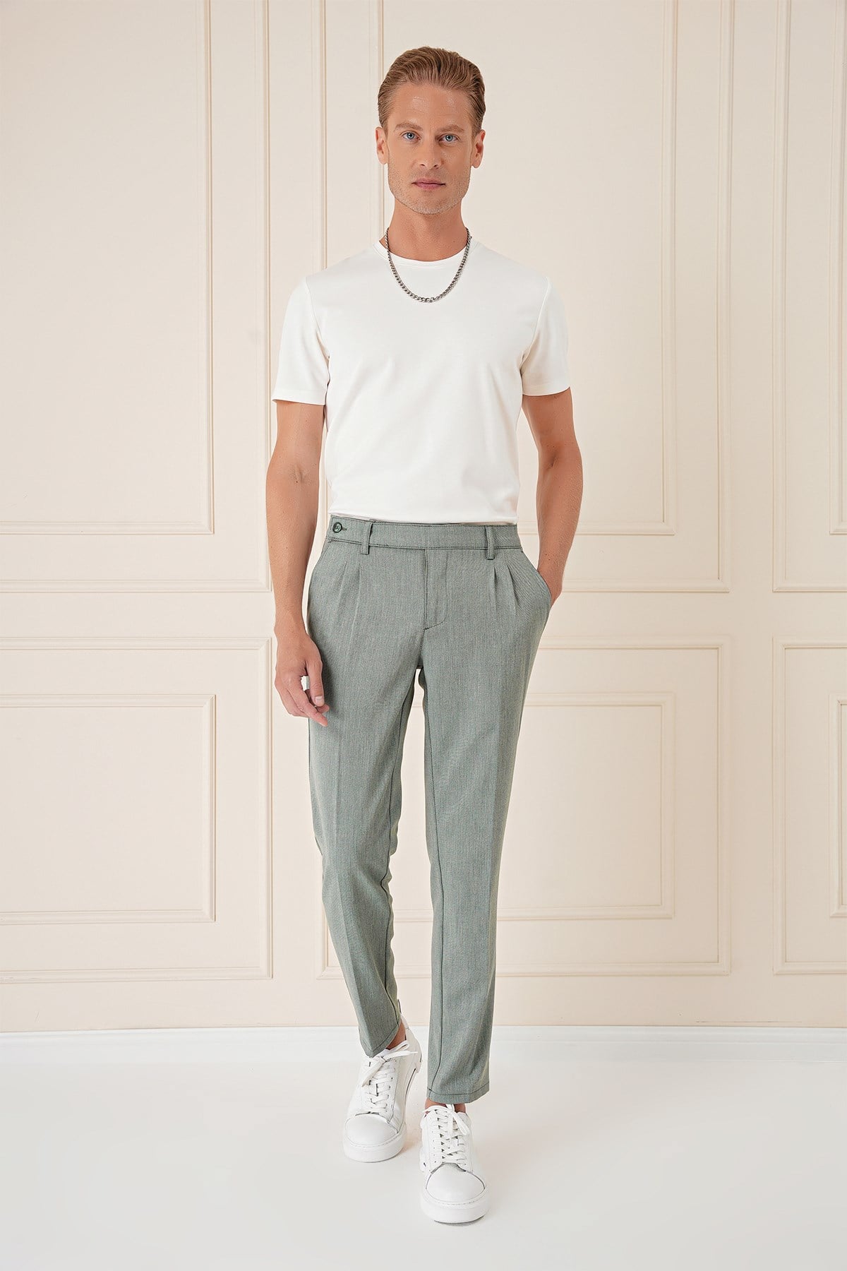 Comfort Fit Çift Pileli Dokulu Esnek Pamuklu Yeşil Pantolon P 1158
