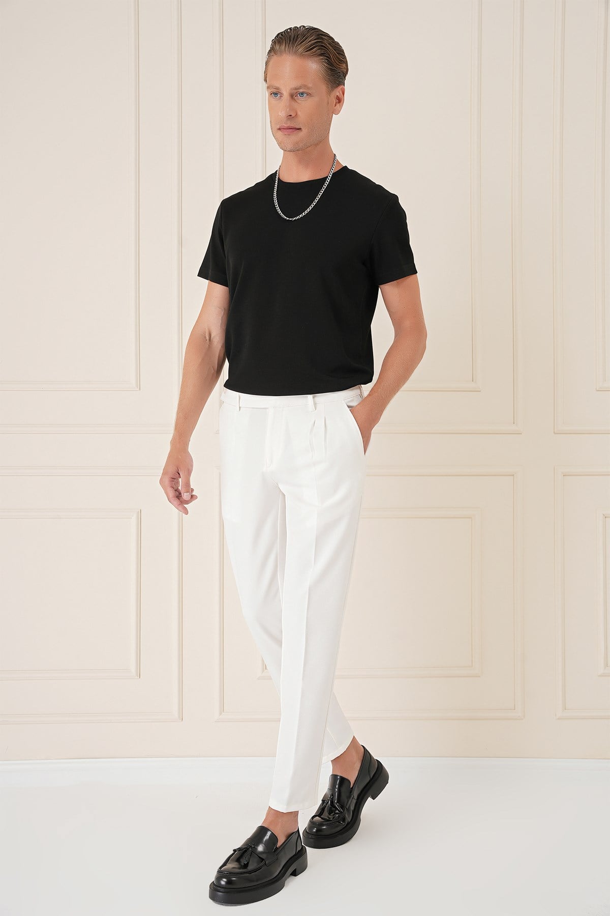 Comfort Fit Çift Pileli Dokulu Esnek Pamuklu Ekru Pantolon P 1158