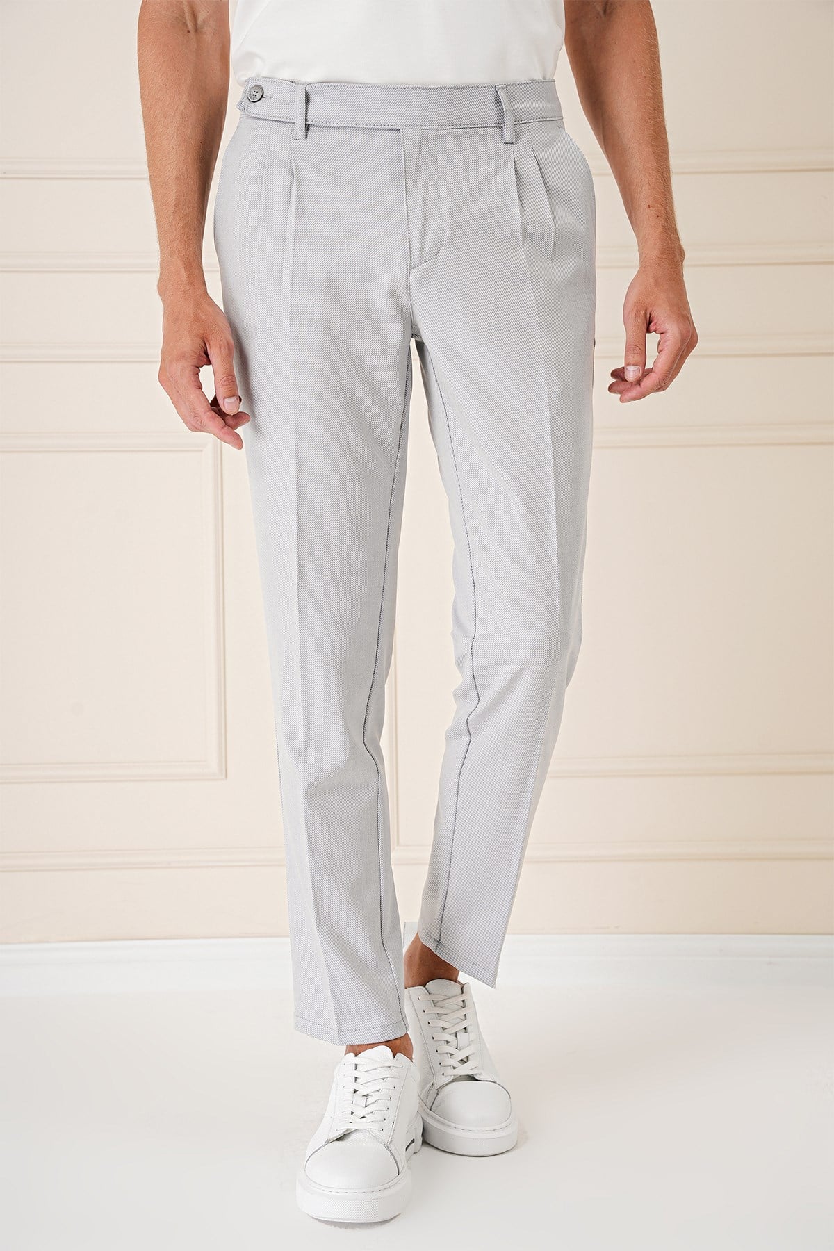 Comfort Fit Çift Pileli Dokulu Esnek Pamuklu Gri Mavi Pantolon P 1158