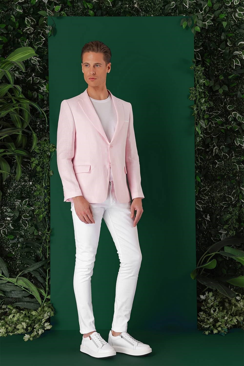Comfort Fit Çift Yırtmaç %100 Keten Casual Pembe Ceket C 668