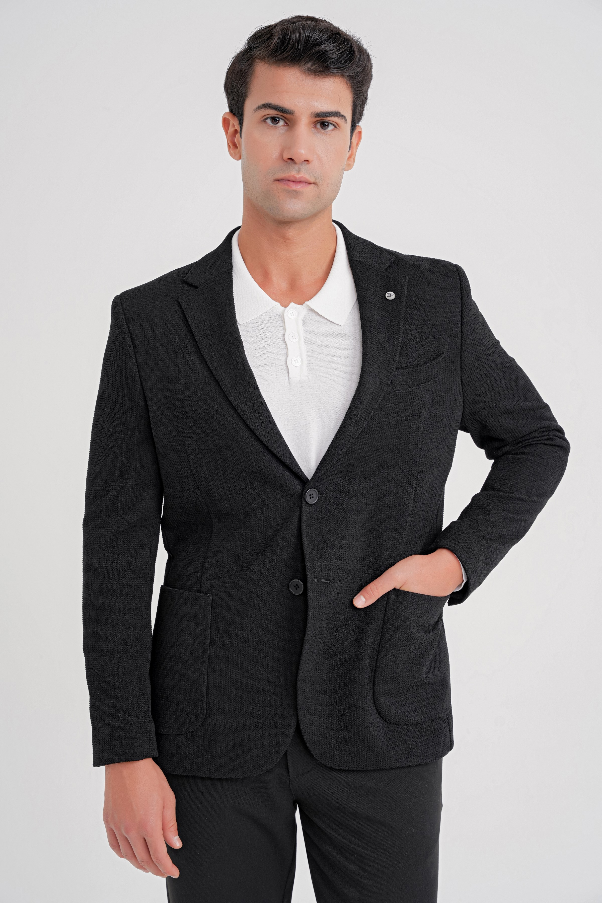 Comfort Fit Çift Yırtmaç Armürlü Esnek Pamuklu Siyah Ceket C 723