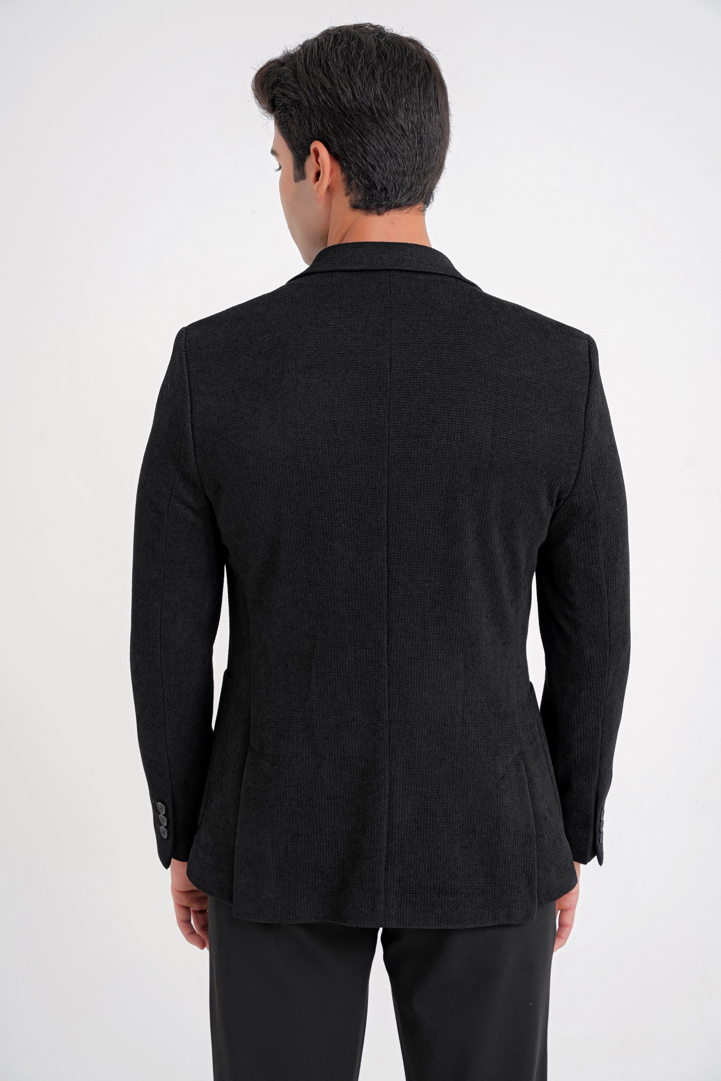 Comfort Fit Çift Yırtmaç Armürlü Esnek Pamuklu Siyah Ceket C 723