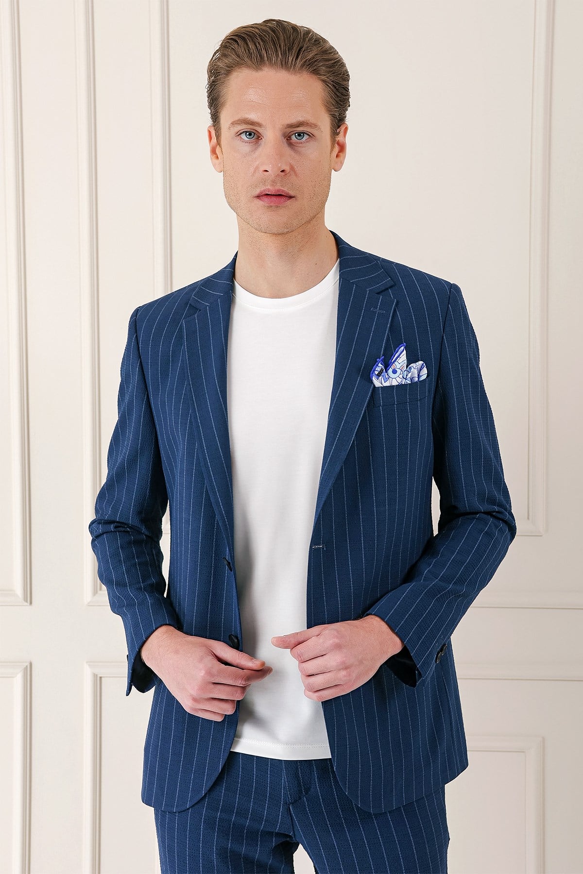 Comfort Fit Çift Yırtmaç Çizgili Pamuk Casual Lacivert Ceket C 674