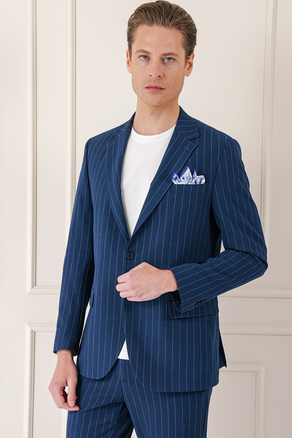 Comfort Fit Çift Yırtmaç Çizgili Pamuk Casual Lacivert Ceket C 674
