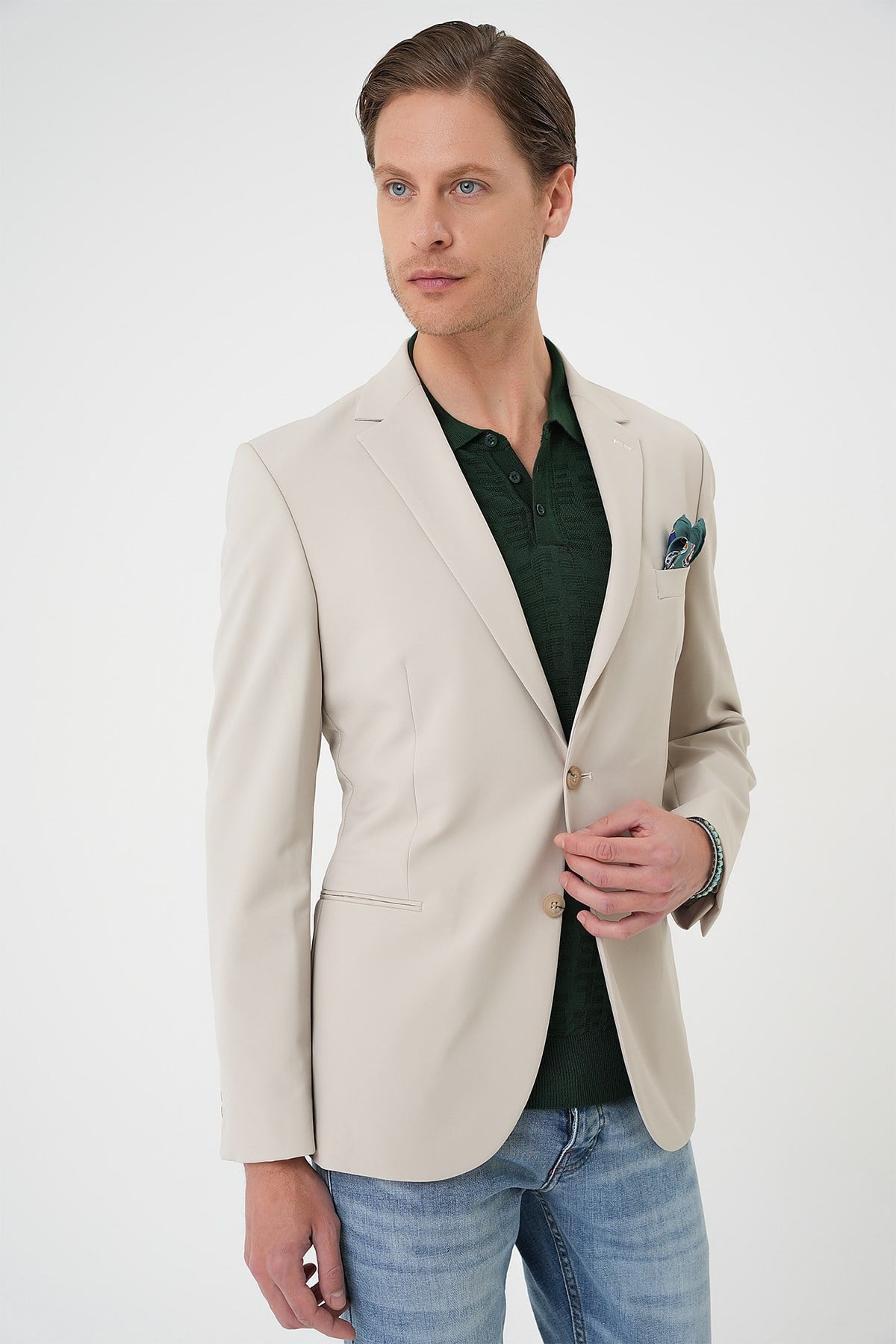Comfort Fit Çift Yırtmaç Fleto Cep Esnek Pamuk Casual Kum Ceket C 675