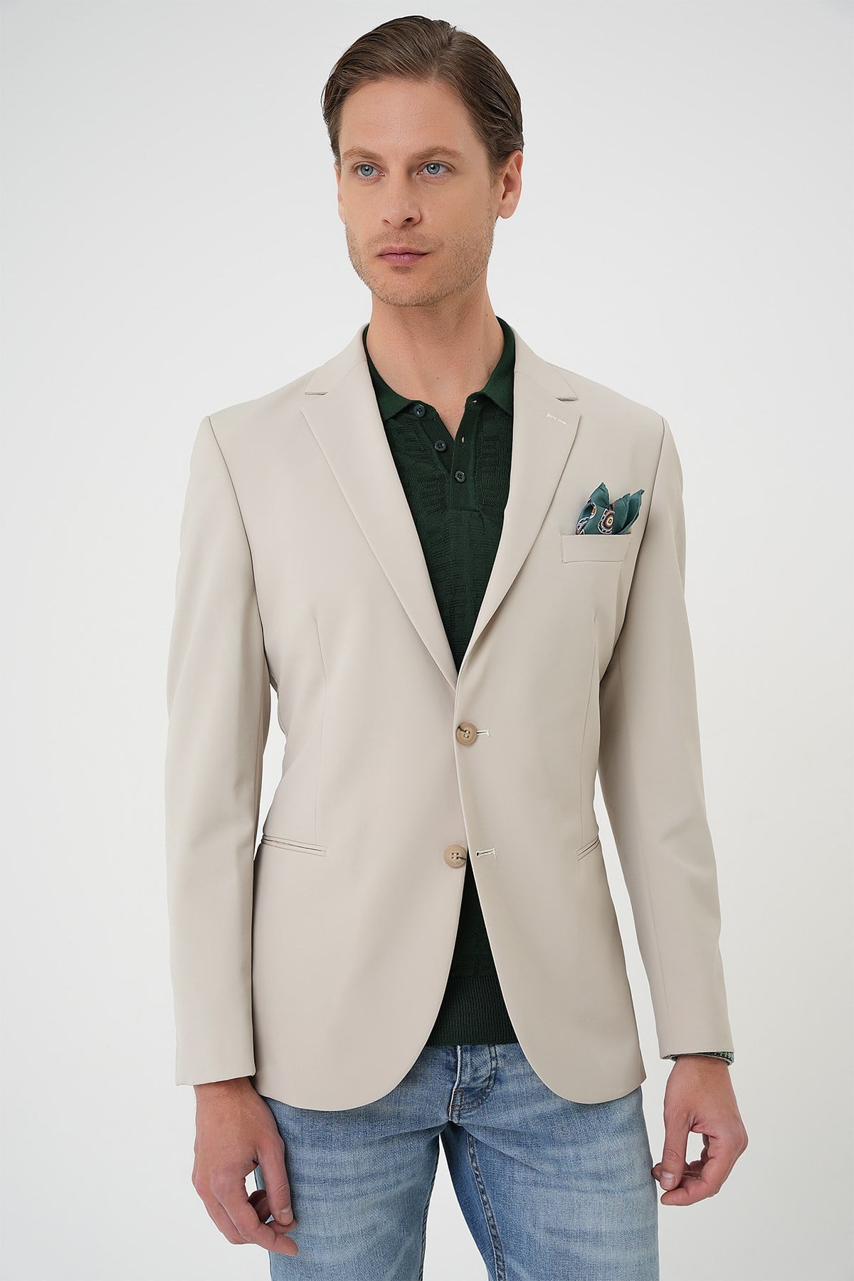 Comfort Fit Çift Yırtmaç Fleto Cep Esnek Pamuk Casual Kum Ceket C 675