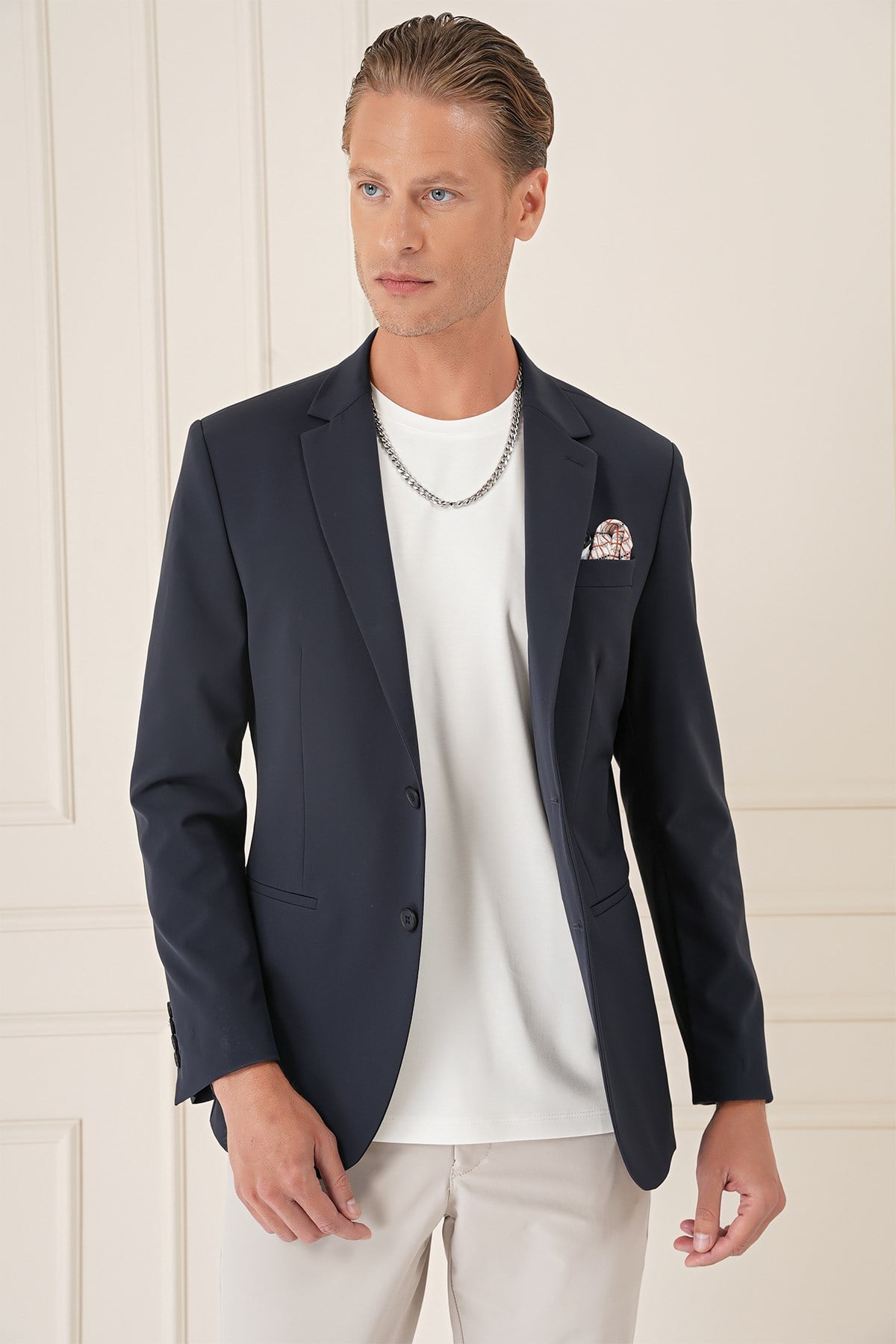 Comfort Fit Çift Yırtmaç Fleto Cep Esnek Pamuk Casual Lacivert Ceket C 675