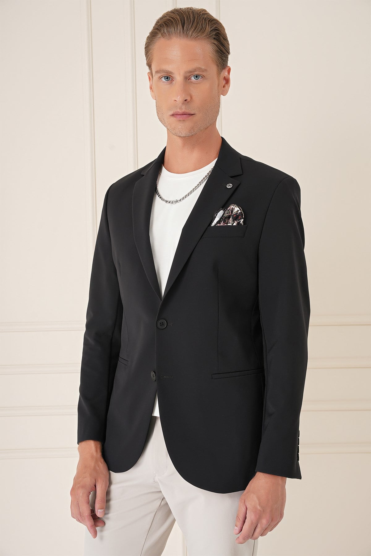 Comfort Fit Çift Yırtmaç Fleto Cep Esnek Pamuk Casual Siyah Ceket C 675