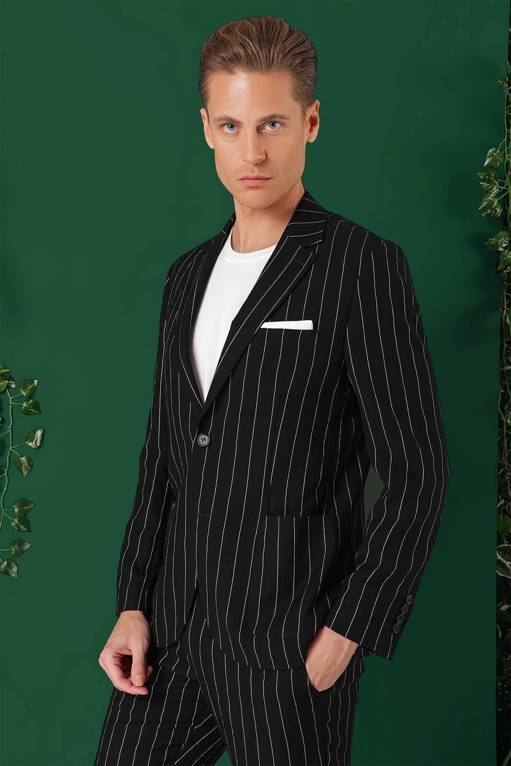 Comfort Fit Çift Yırtmaç İtalyan Çizgili Keten Casual Siyah Ceket C 671