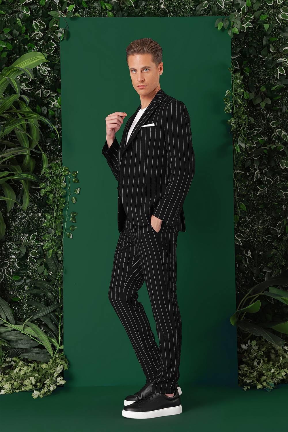 Comfort Fit Çift Yırtmaç İtalyan Çizgili Keten Casual Siyah Ceket C 671