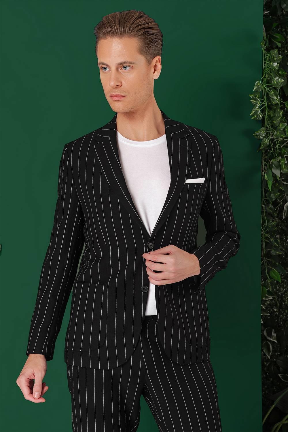 Comfort Fit Çift Yırtmaç İtalyan Çizgili Keten Casual Siyah Ceket C 671