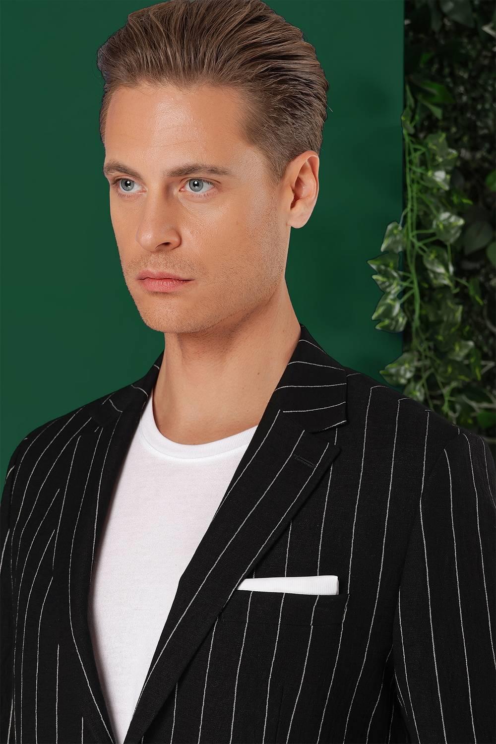 Comfort Fit Çift Yırtmaç İtalyan Çizgili Keten Casual Siyah Ceket C 671